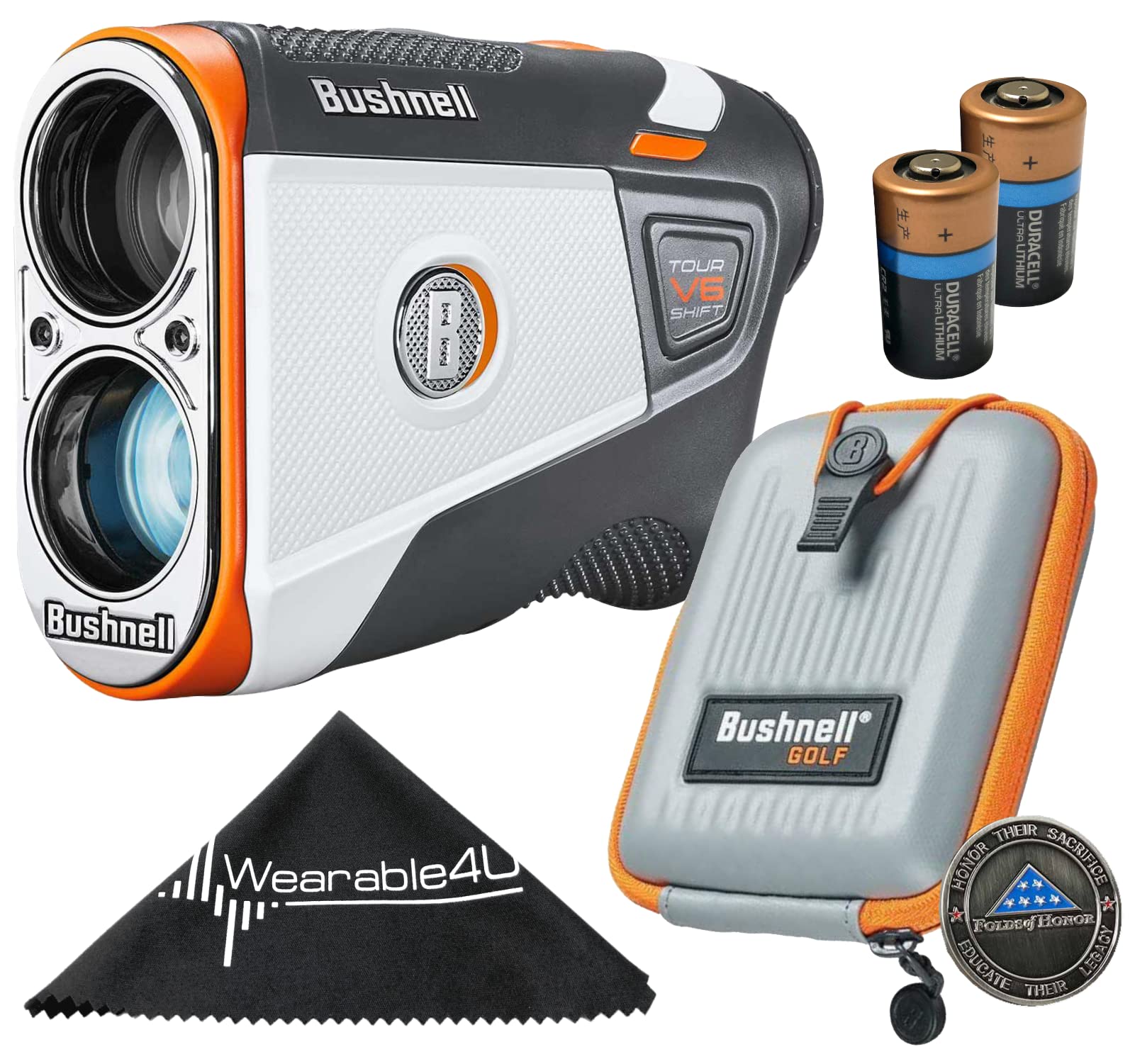 Bushnell Tour V6 Shift Patriot Pack Laser Golf Rangefinder With Carrying Case And Wearable4U Lens Cloth, And 2X Batteries Bundle