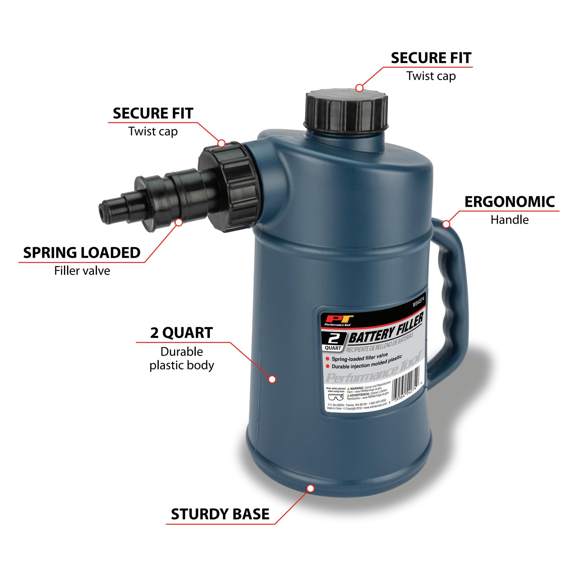 Performance Tool W54274 2 Quarts Battery Filler With Auto Shut Off And Drip-Free Valve, Perfect For Golf Cart And Deep Cycle Bat