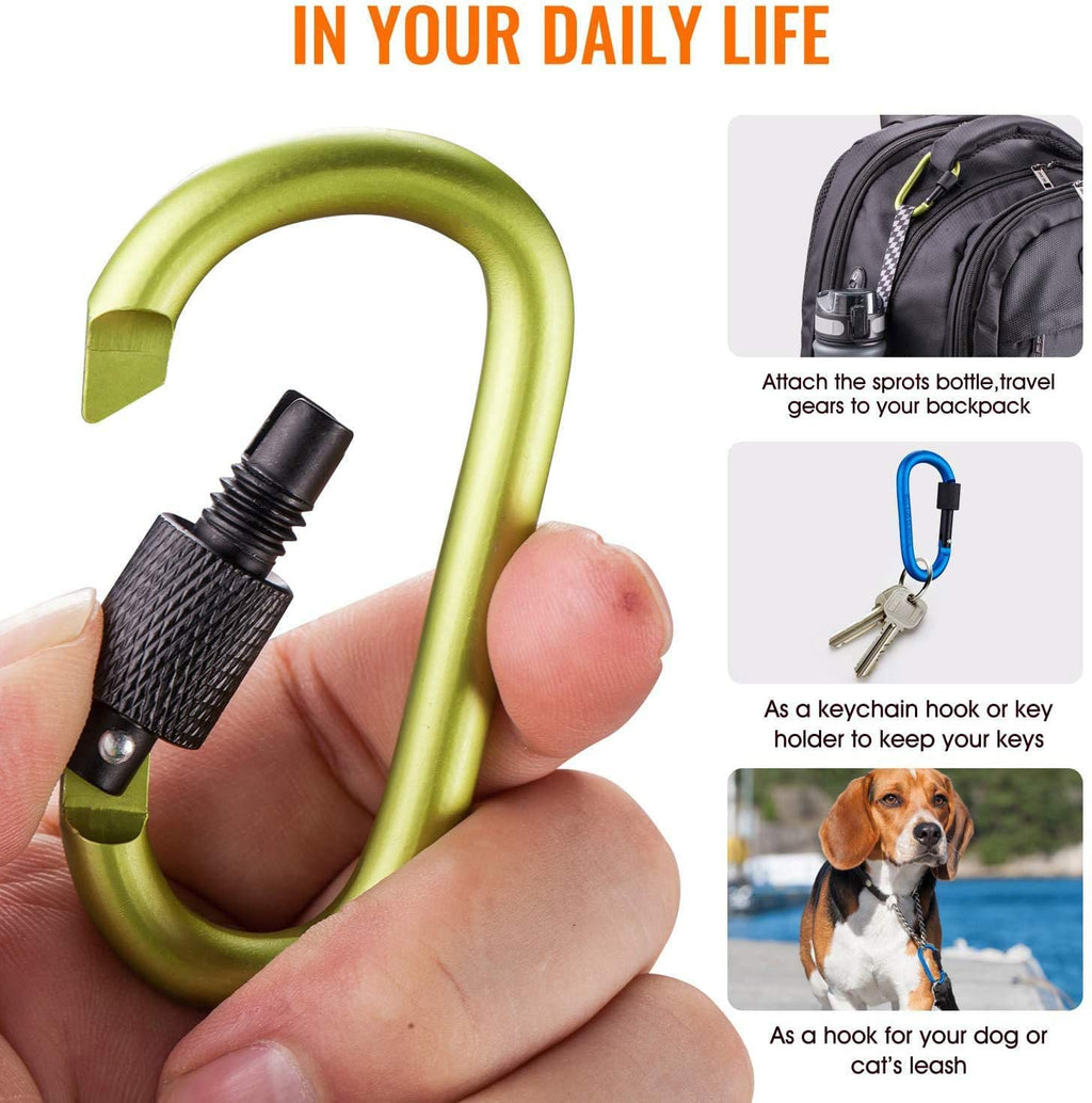 Carago Carabiner Clips With Screw Gate, 10 Pack Carabiners Hiking Clips With 7.5Mm Diameter Aluminum Rod (10 Colors)