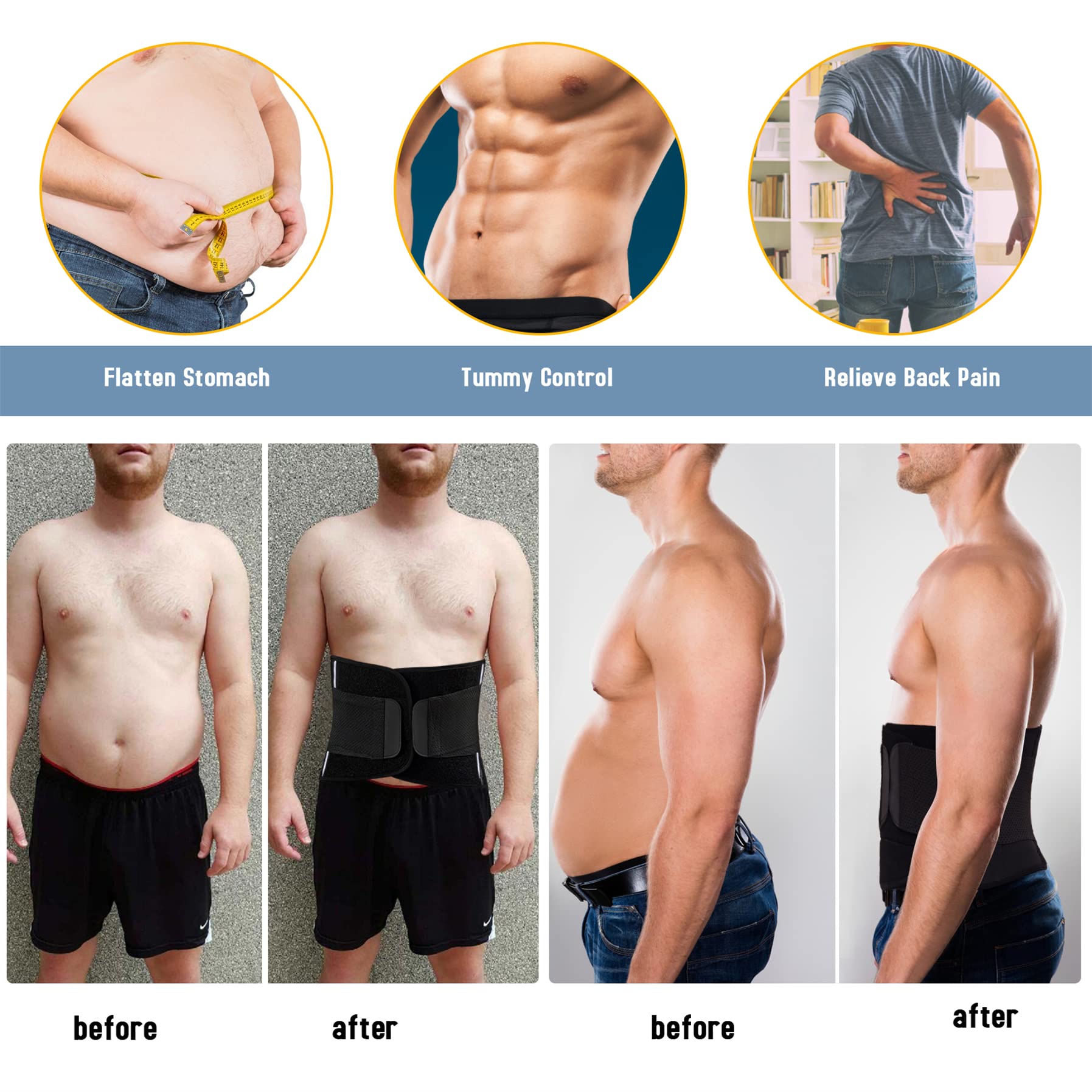 Tailong Neoprene Waist Trimmer Ab Belt For Men Weight Loss Trainer Corset Slimming Body Shaper Workout Sauna Hot Sweat Band (Bla