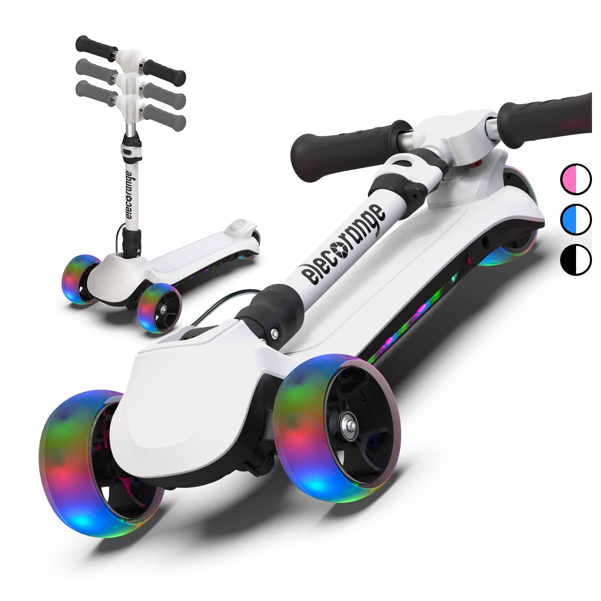 Elecorange 3 Wheel Electric Scooter for Kids, Light Up Deck, Big Flashing Wheels, Thumb Throttle, Adjustable Heights, Foldable, 