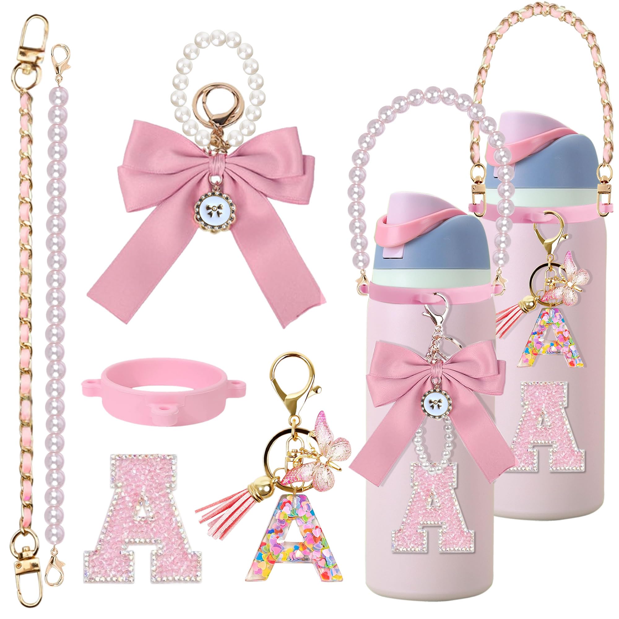 Mengayadi 6Pcs Letter Accessories for Owala Water Bottle 24oz 32oz 40oz, with Cute Initial Charm and Handle Strap, Compatible wi