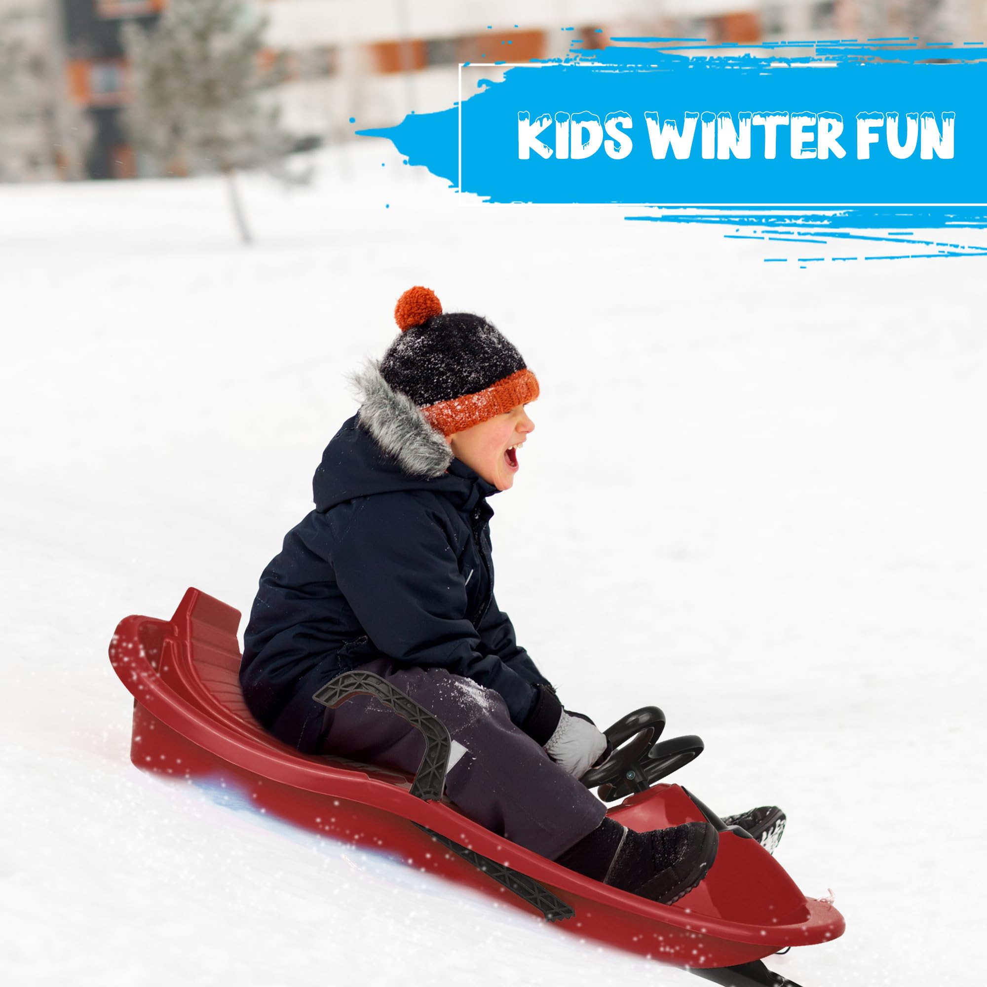 Slippery Racer Downhill Derby Flexible Kids Toddler Plastic Toboggan Steerable Plastic Snow Sled With Built-In Brakes And Steeri
