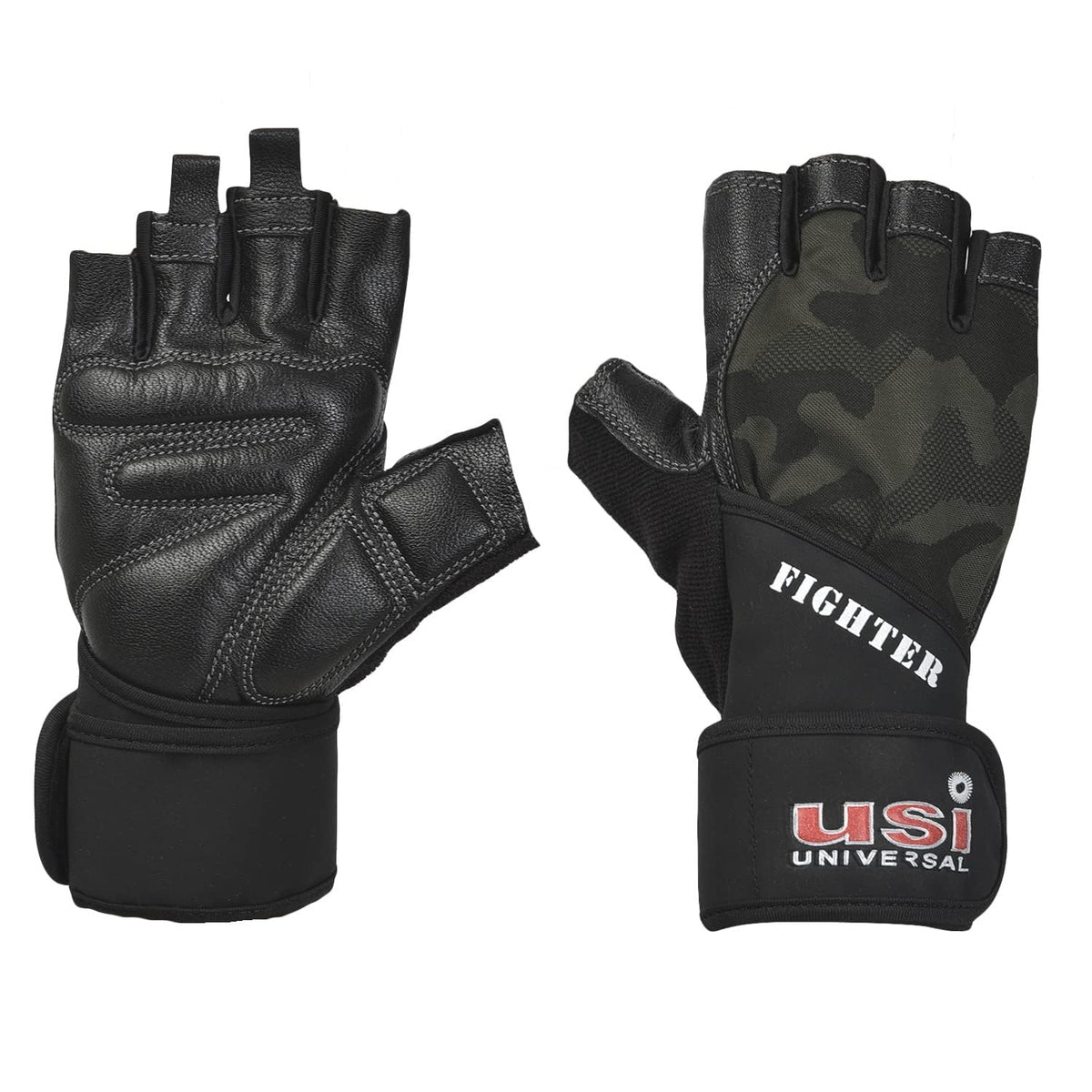 USI UNIVERSAL Gym Gloves, 733F Fighter Fitness Gym Gloves For Men & Women, Workout Powerlifting Gloves, Leather, Polyester, Elas