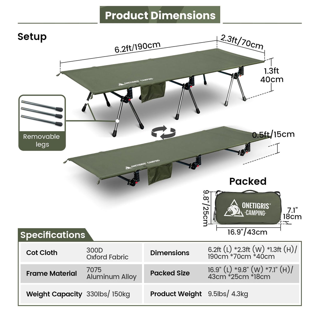 Onetigris Supranubis Camping Cot, Height Adjustable With Cot Leg Extenders, Strong Support 330Lbs, Lightweight Comfortable Foldi