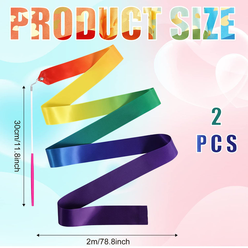 Savita 2Pcs Dance Ribbon, Love Heart Patterns & Gradient Dance Ribbon Gymnastics Dance Ribbon Streamer With Stick 78.7In Long Rh