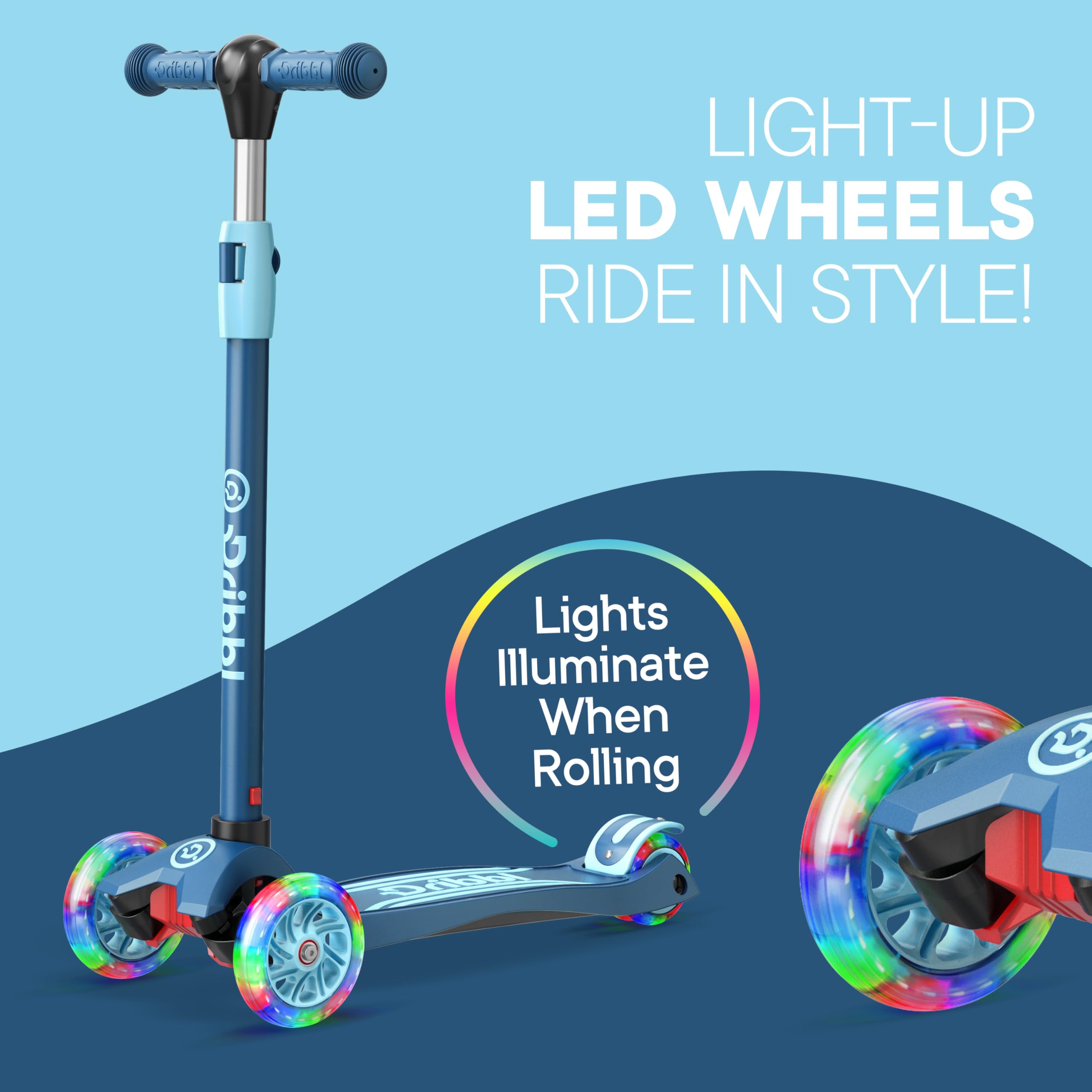 Dribbl 3-Wheel Kids Scooter - Lean-to-Steer Technology, Adjustable Height Handlebar, Wide Anti-Slip Deck, Scooter for Boys & Gir
