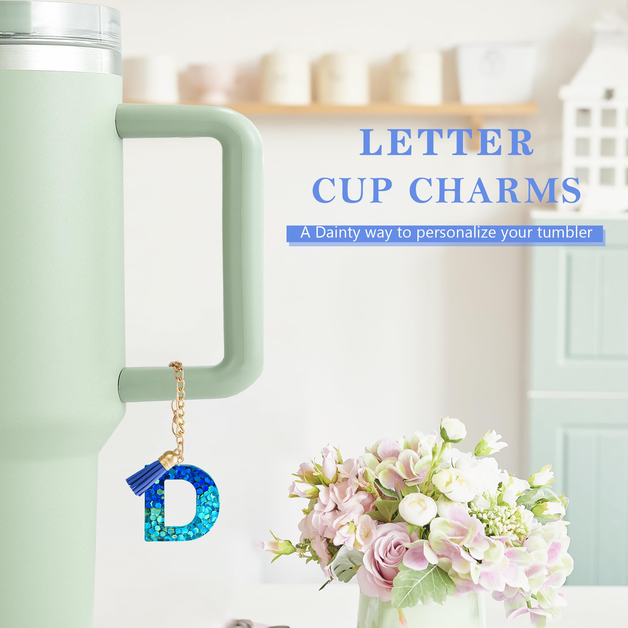 Letter Charm Accessories for Stanley Cup 1 PCS Cute Initial Keychain Handle Charm for Stanley Tumbler for Women Blue Letter D