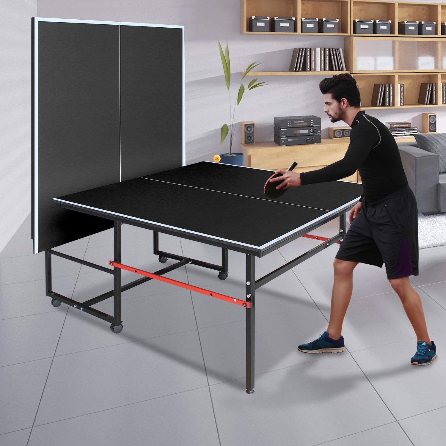 Ping Pong Table Foldable & Portable Table Tennis Table Set for Indoor & Outdoor Games with Net, 2 Paddles and 3 Balls (8FT-Black