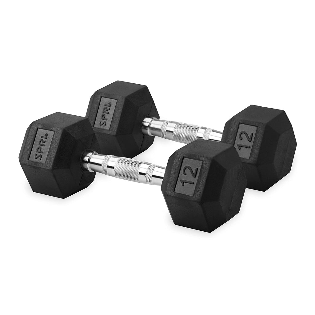 Spri Dumbbells Hand Weights Set Of 2-12 Lb Rubber Hex Chrome Handle Exercise & Fitness Dumbbell For Home Gym Equipment Workouts