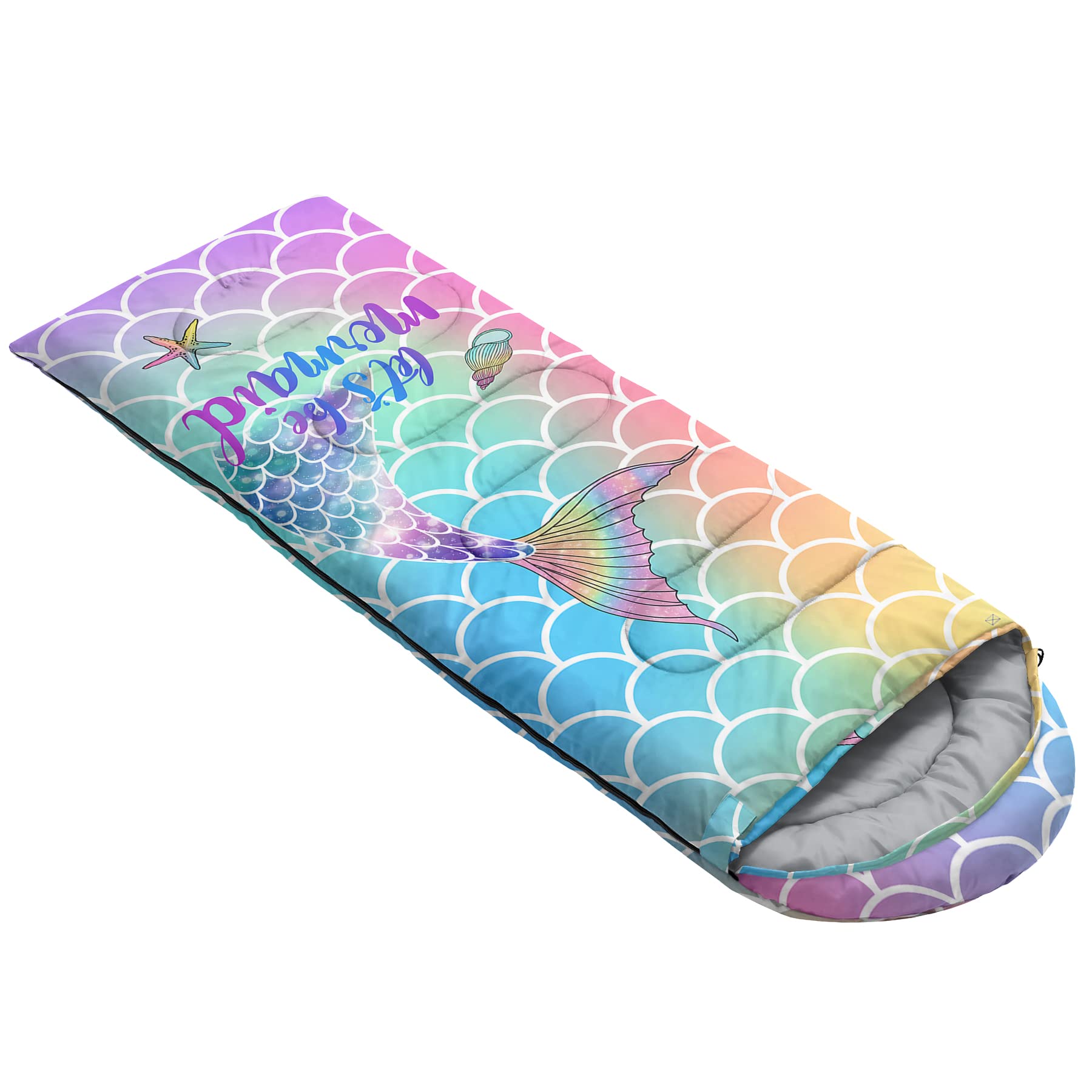 Qoomo Mermaid Printed Camping Sleeping Bags,3 Season Warm & Cool Weather,Lightweight,Waterproof Sleeping Bags For Adults & Kids,