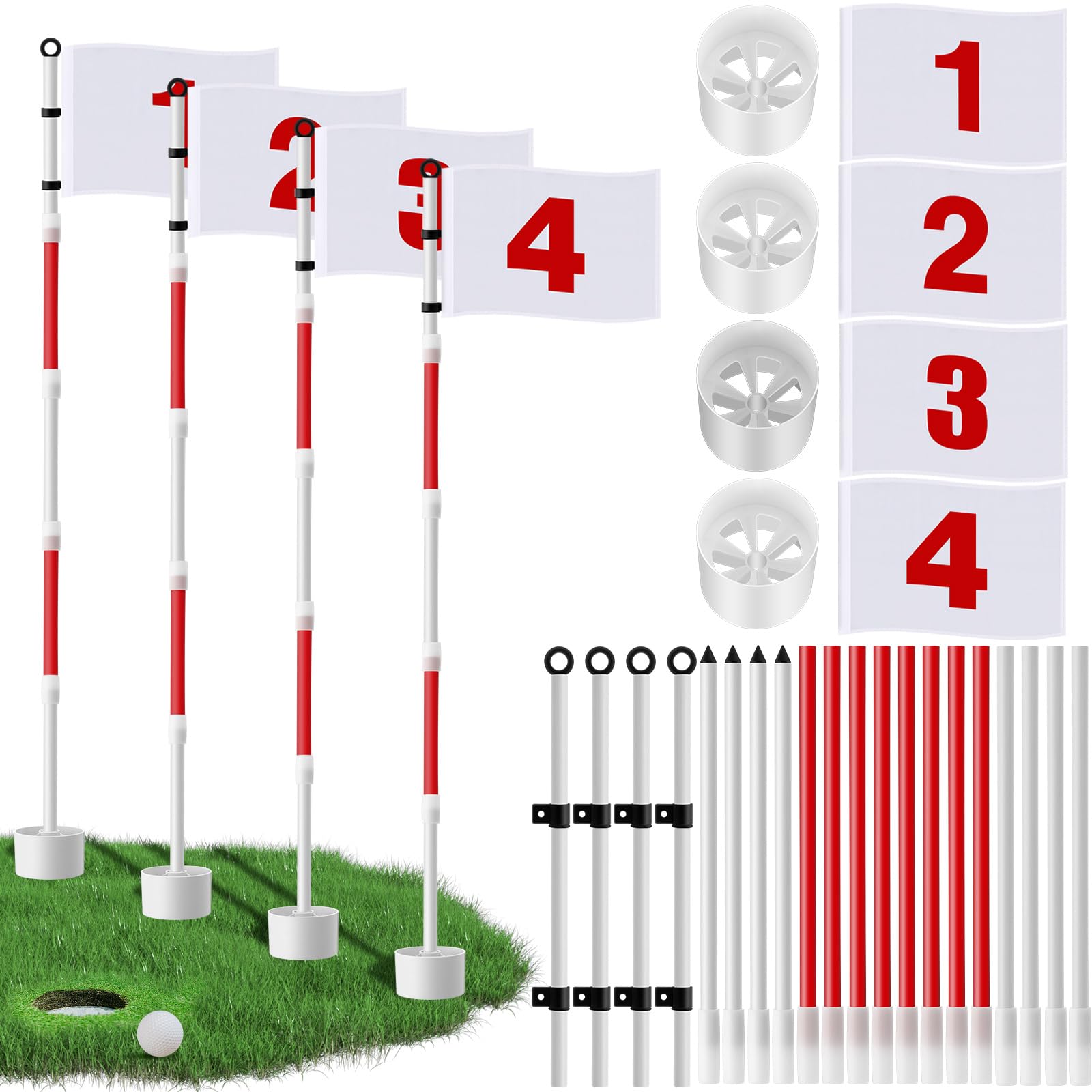 Burbell 4 Pack Golf FlagStick 6ft Putting Green Flags Golf Hole Cup Pole Pin Numbered Flags for Driving Range Backyard Yard Putt