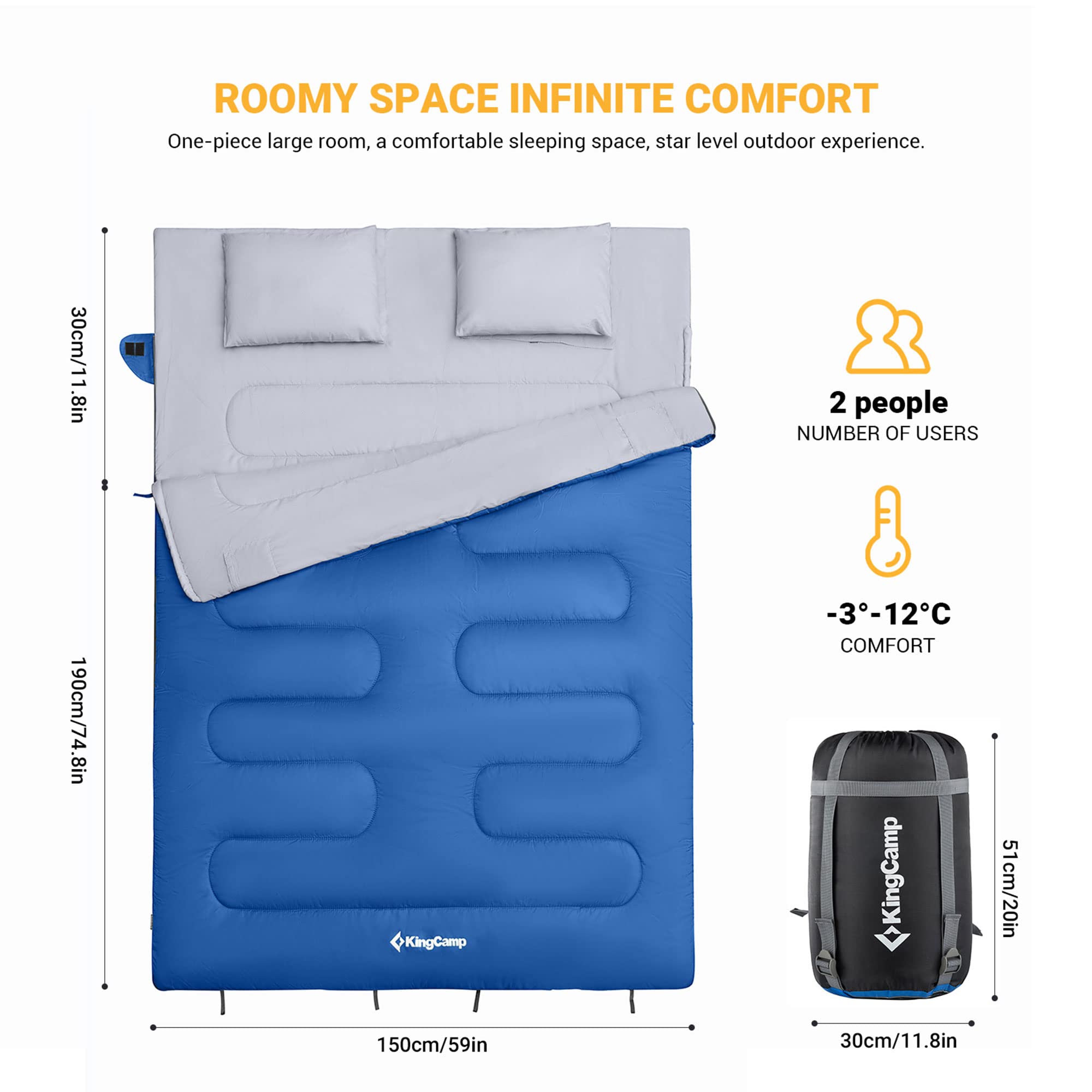 Kingcamp 87 X 59 Inch 2 Person 20 Degree Lightweight Waterproof Couple Family Sleeping Bag With 2 Pillows For Camping, Hiking, &