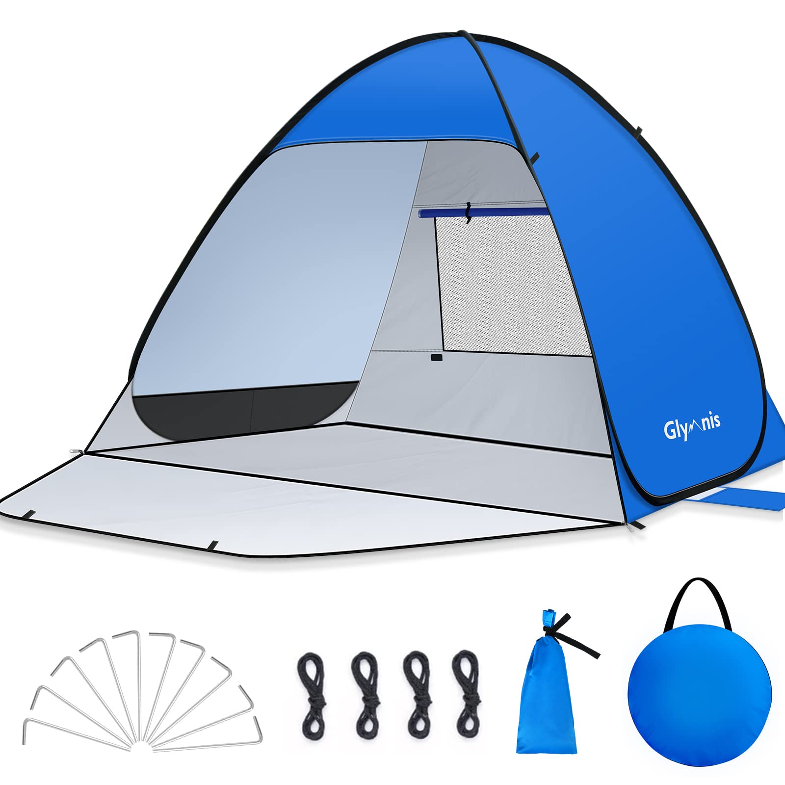 Glymnis Pop Up Beach Tent Instant Portable Sun Shade Shelter (L) 3-4 Persons UPF 50+ with Extendable Floor Zipper Door Automatic