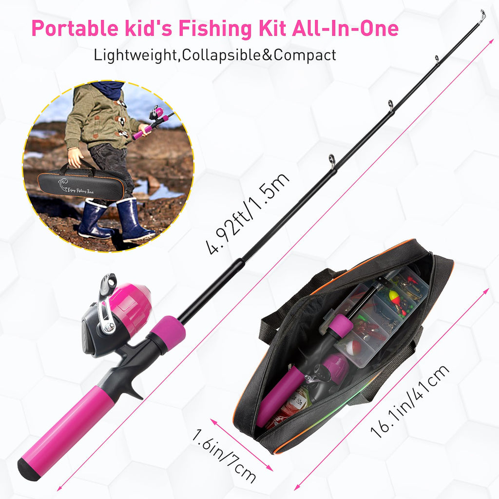 Kids Fishing Pole Kit, 59'' Telescopic Rod And Reel Beginner Combo With Spincast Reel,Tackle Box, Carrier Bag,Fishing Gear For B