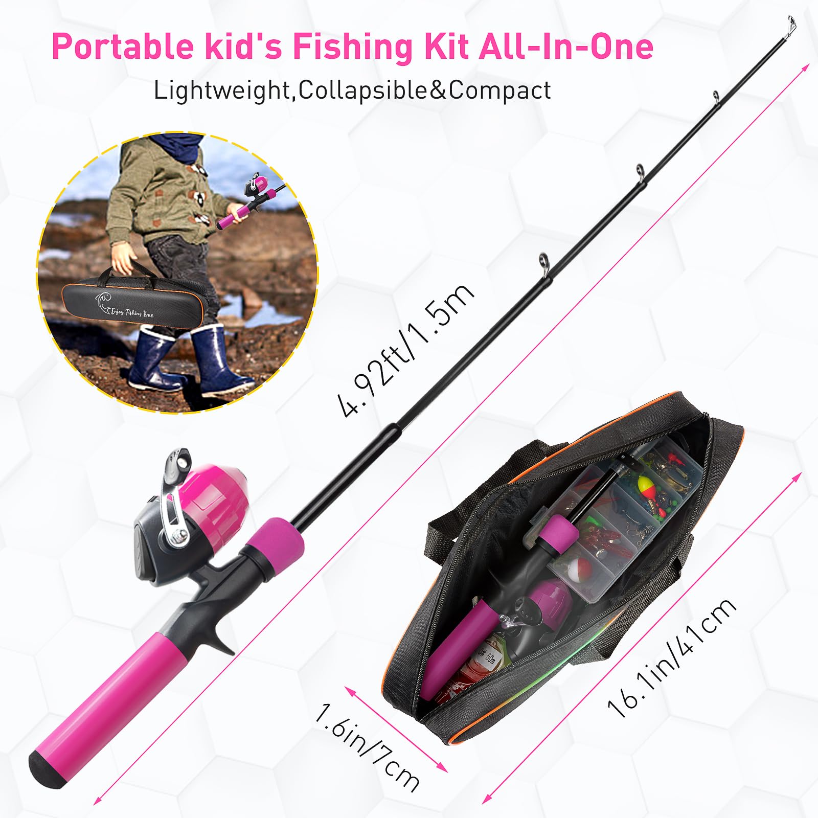 Kids Fishing Pole Kit, 59'' Telescopic Rod And Reel Beginner Combo With Spincast Reel,Tackle Box, Carrier Bag,Fishing Gear For B