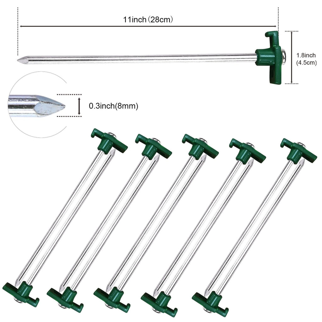 Abccanopy 11 Inch Tent Stakes 10 Pcs Non-Rust Metal Ground Anchors, Heavy Duty Spikes With 4 Ropes For Outdoor Camping, Green