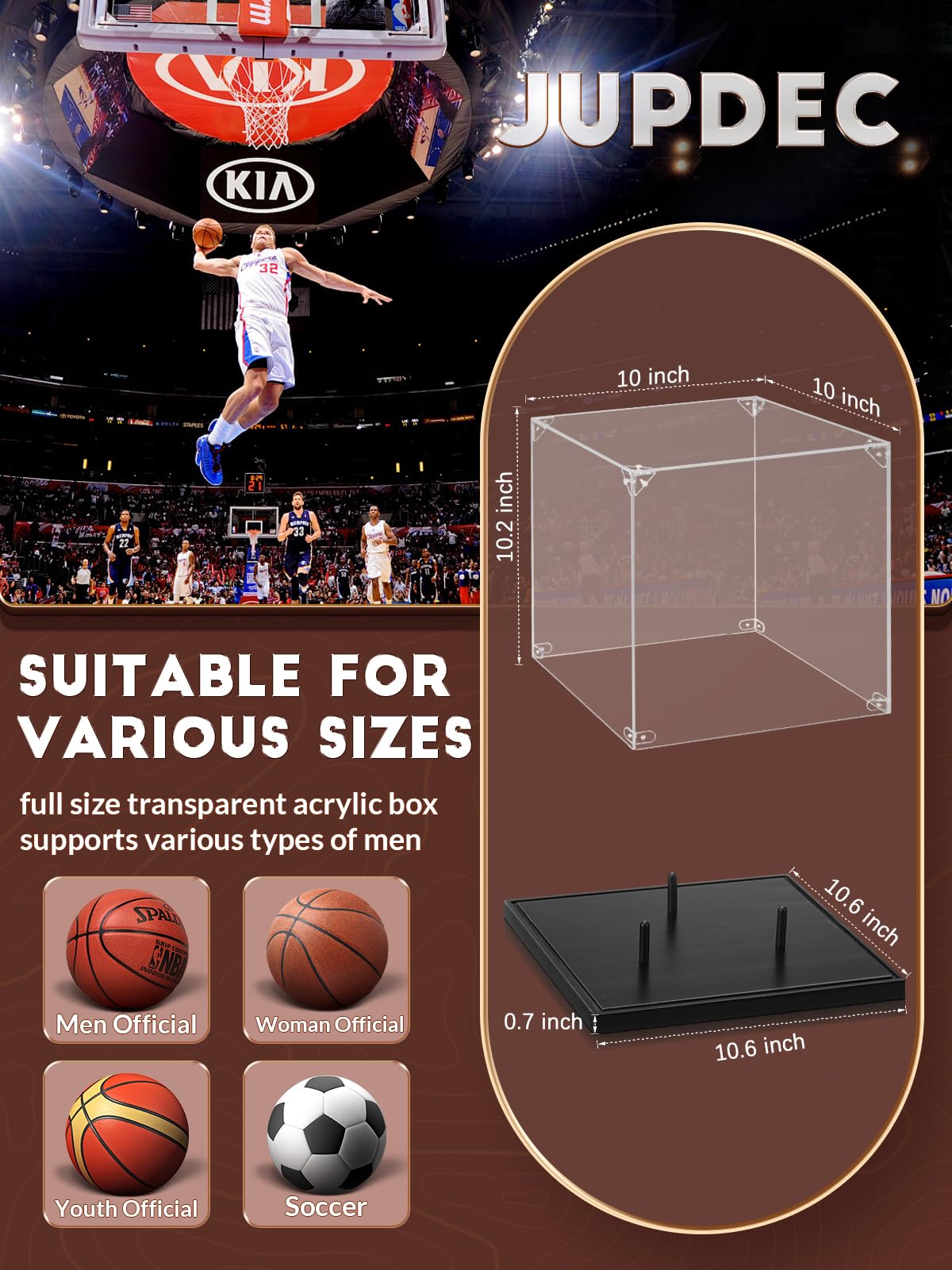Jupdec Basketball Display Case Acrylic Clear 10'' Full Size With Solid Wood Base, Uv Protected Soccer Display Stand Box For Auto