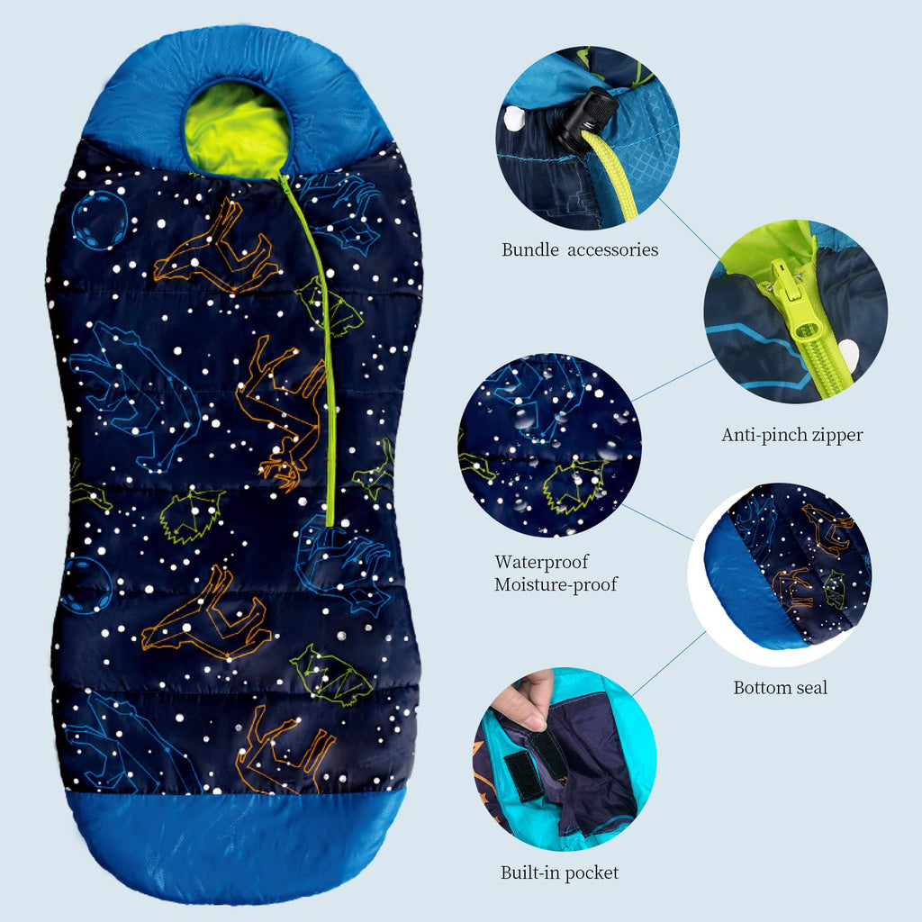 Acecamp Glow In The Dark Mummy Sleeping Bag For Kids And Youth, Temperature Rating 30?F/-1?C, Water-Resistant For Camping, Hikin