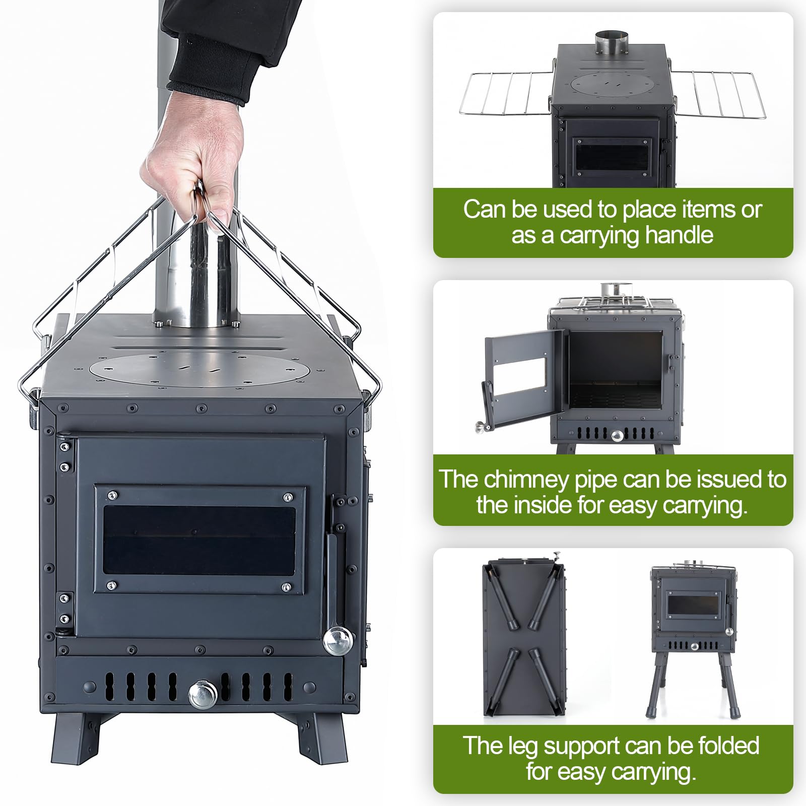 Womeyork Outdoor Camping Stove, Portable Wood Burning Stove With Chimney Pipe For Tent, Shelter, Heating And Cooking (Black-Larg