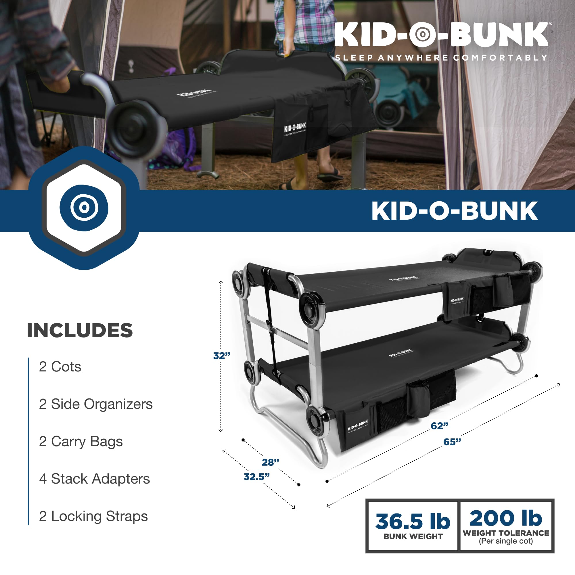 Kid-O-Bunk With 2 Side Organizers, Black