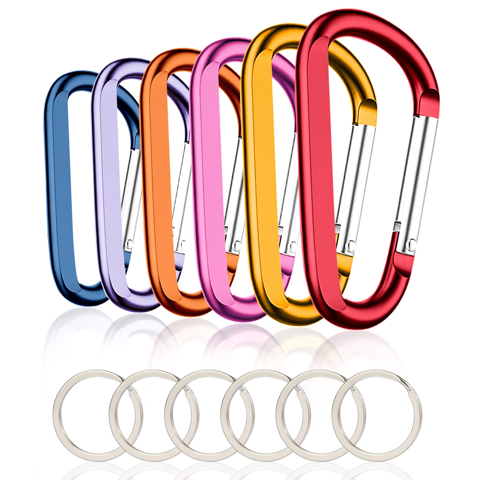 6Pcs Carabiner Caribeaner Clip,3'' Large Aluminum D Ring Shape Carabeaner With 6Pcs Keyring Keychain Hook (Orange+Red+Yellow+Nav