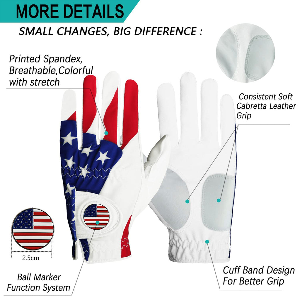 Finger Ten Golf Gloves Men Left Hand With Ball Marker Usa Flag 2 Pack For Right Handed Golfer Leather Breathable Comfortable All