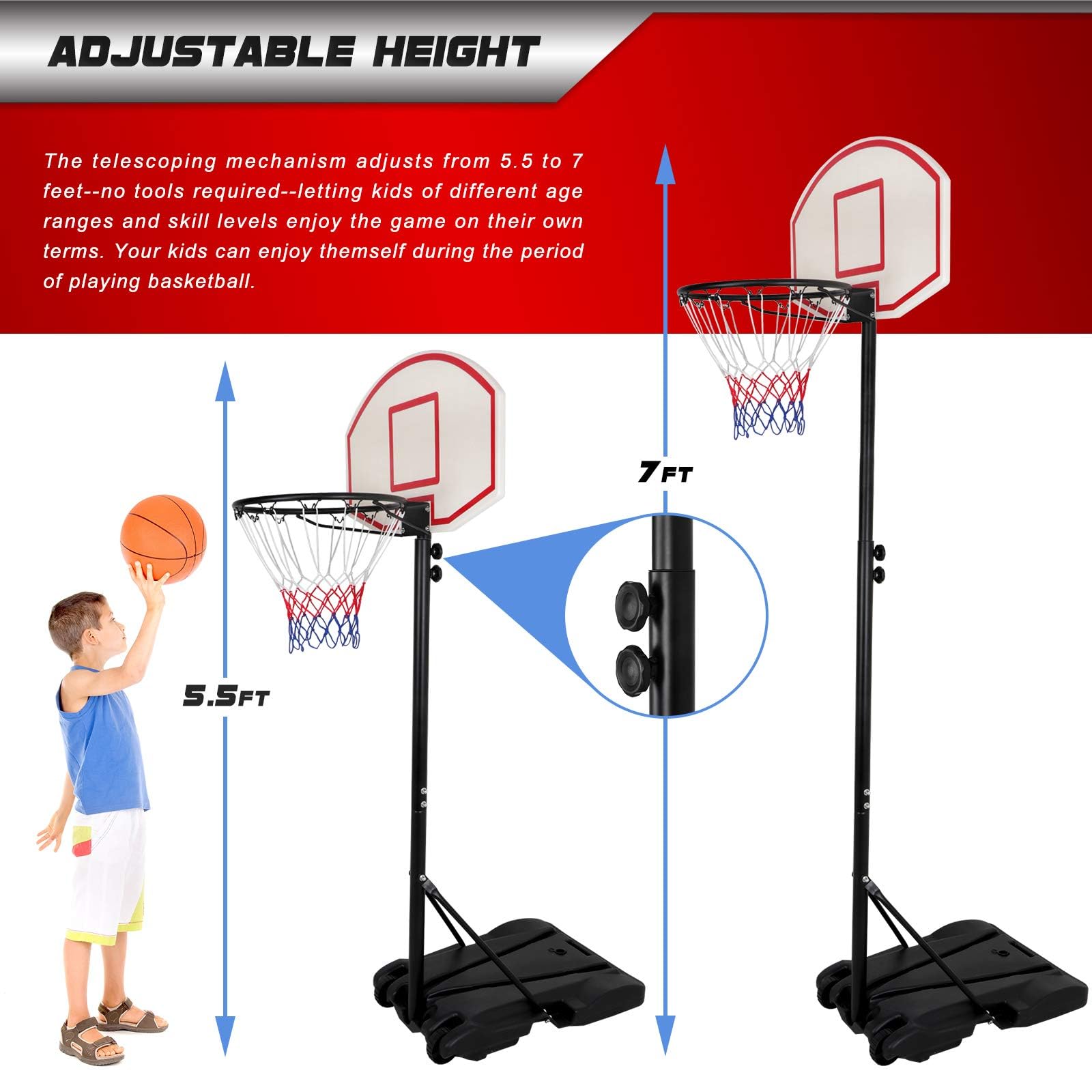 Kids Portable 5.4-7 Ft Height Adjustable Basketball Hoop Stand, 28 Inch Backboard, Basketball Goals Indoor/Outdoor