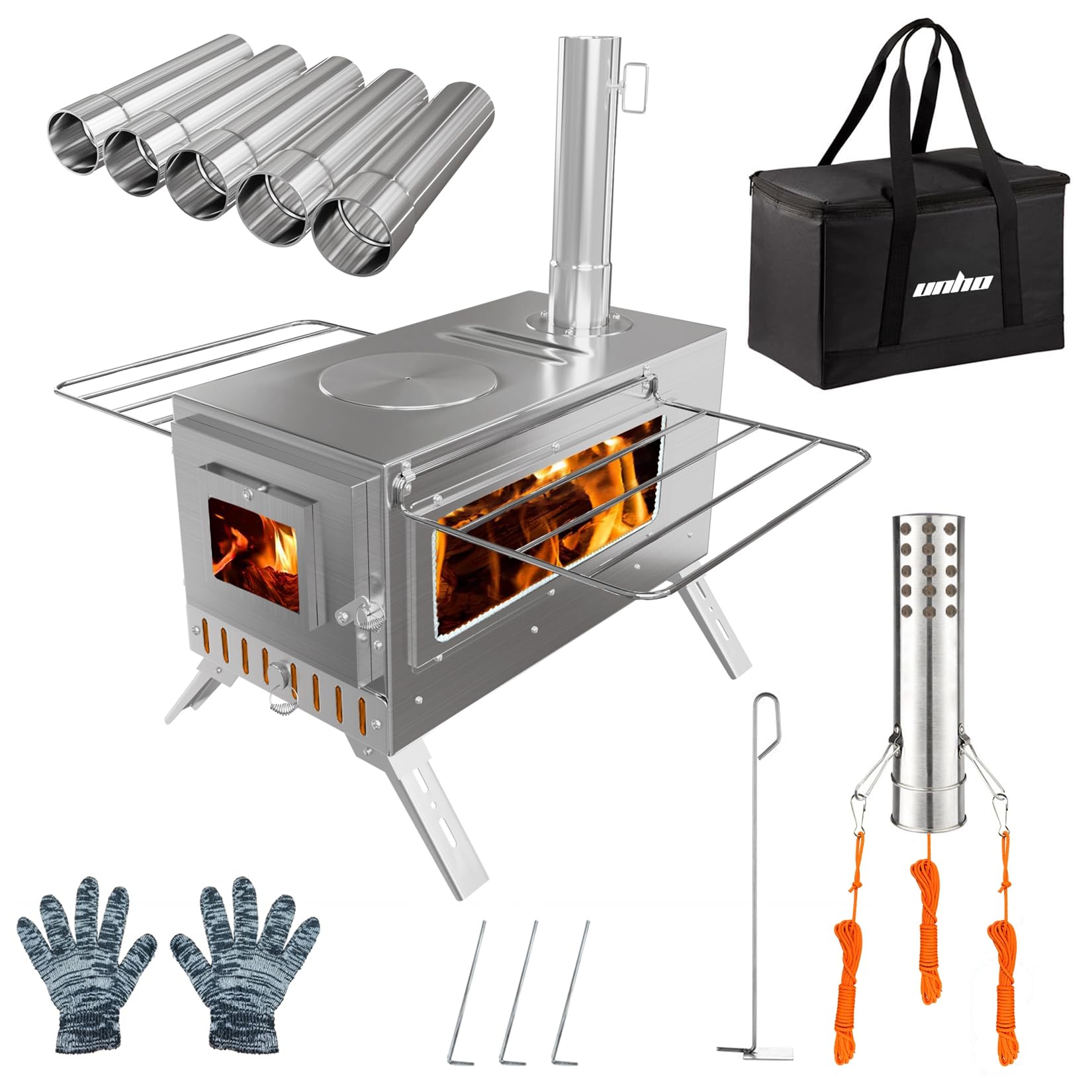 Hot Tent Stove, unho Wood Burning Stove, Portable Wood Stove with 6 Stainless Chimney Pipes for Outdoor Heating & Cooking, Ice F
