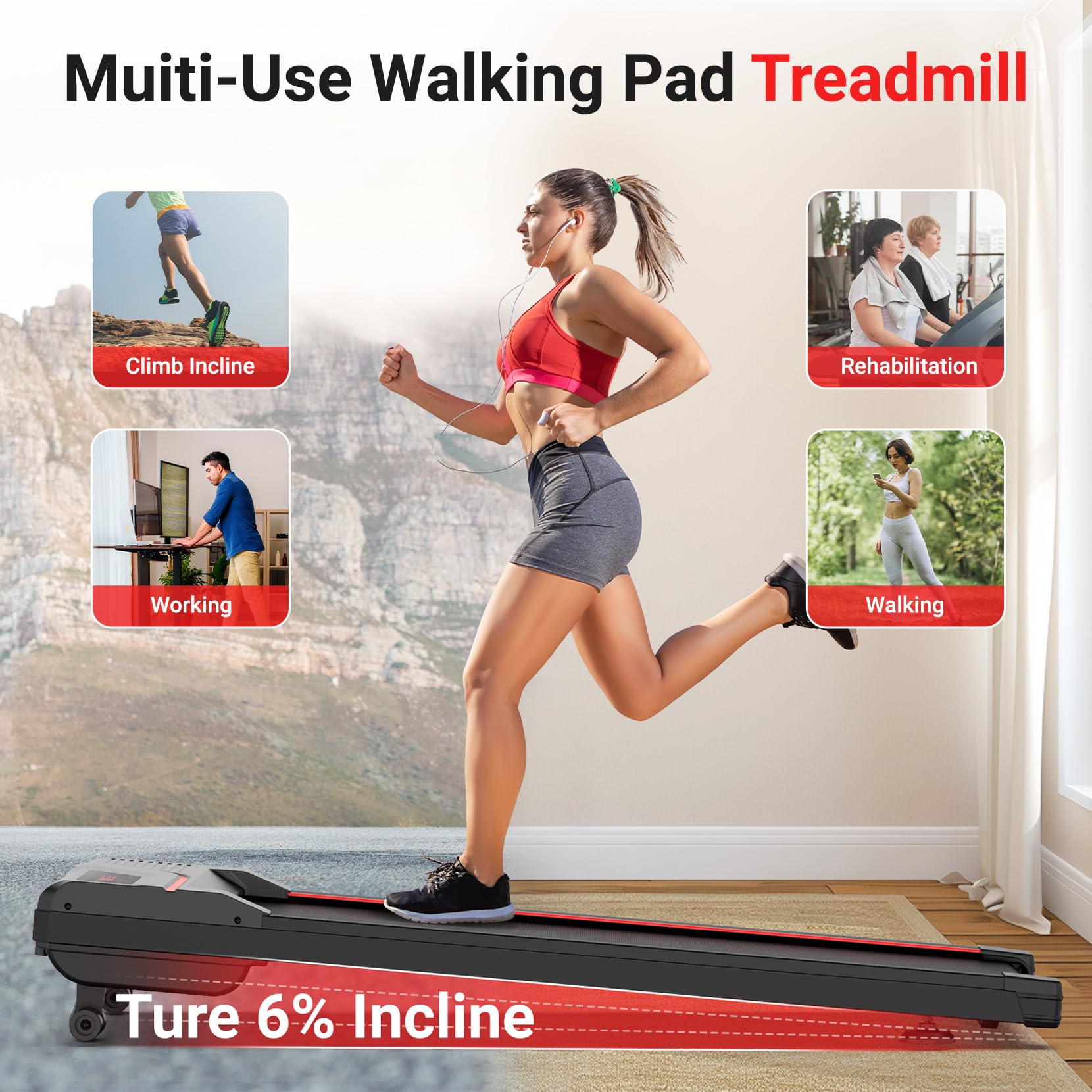 Therun Walking Pad Treadmill With 6% Auto Incline, 2.5 Hp Under Desk Treadmill For Home Office With Remote Control, 300 Lbs Weig