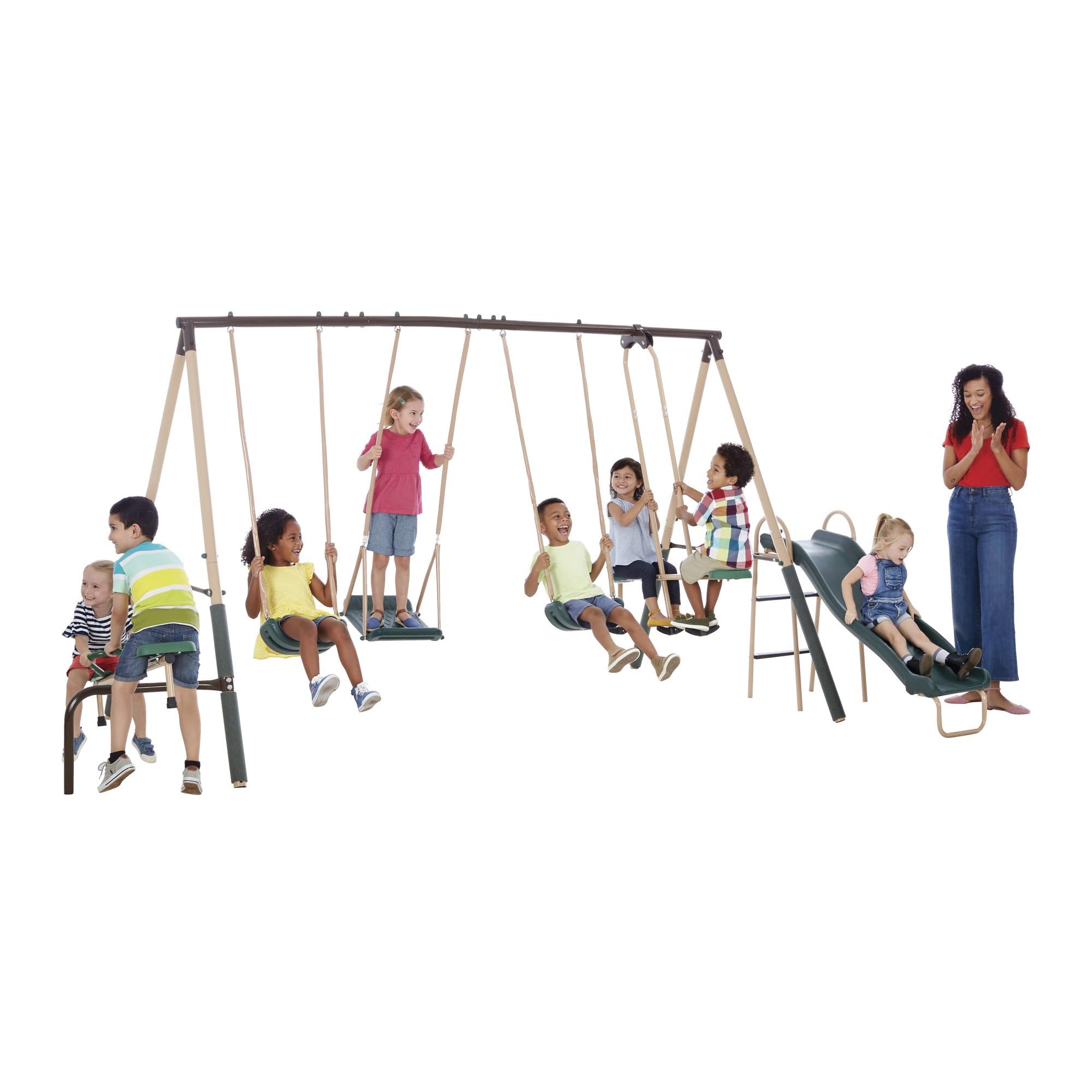 Xdp Recreation Crestview Outdoor Play Kids Metal Backyard Playset Swing Set With 2 Swings, Slide, Stand N Swing, Fun Glider, And
