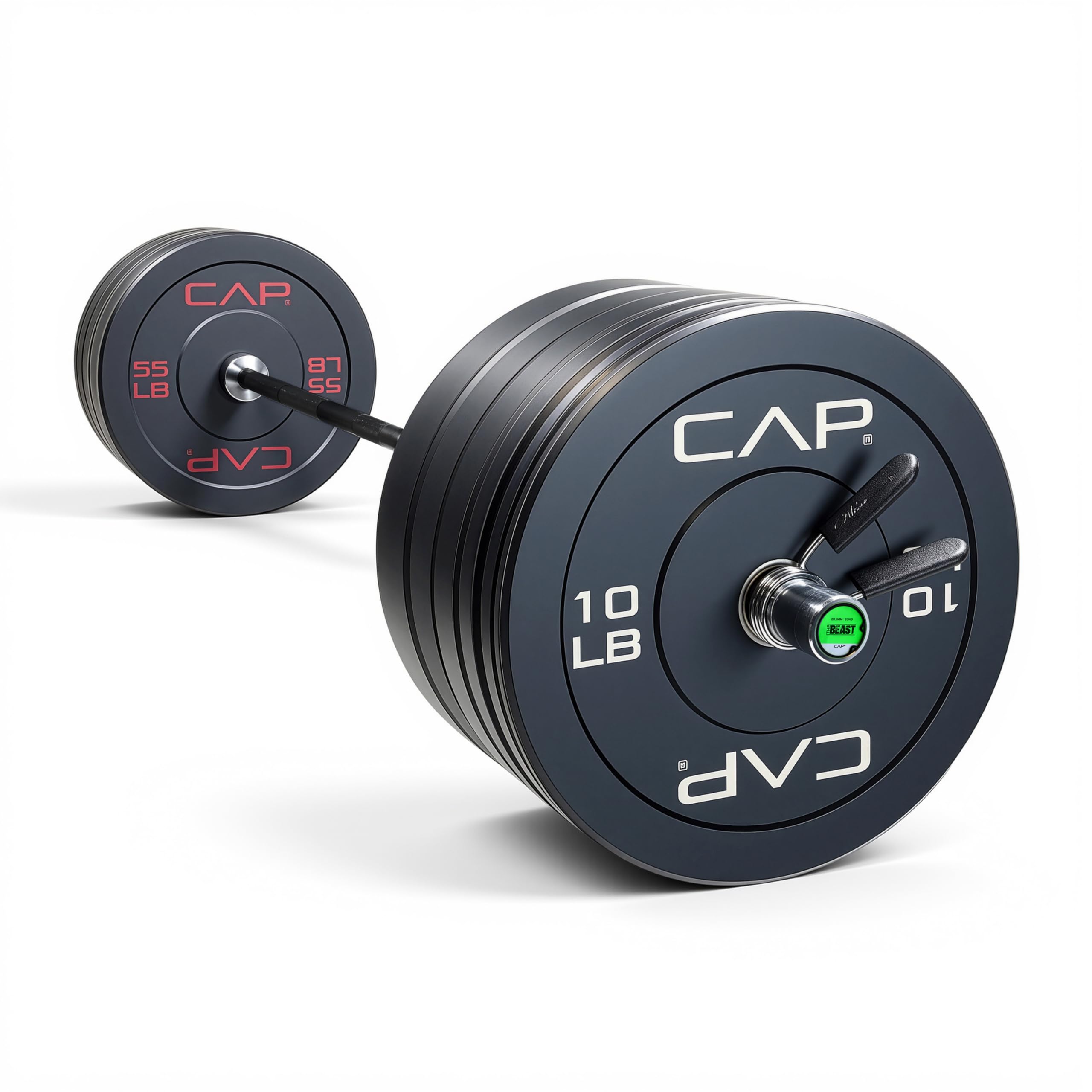 CAP Barbell 370 lb Economy Olympic Weight Set with 7ft Black/Chrome Barbell & Black Bumper Plates with Color Logo