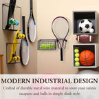 Mygift Hanging Metal Tennis Racquet And Tennis Ball Storage Basket Rack, Wall Mounted Racket Holder