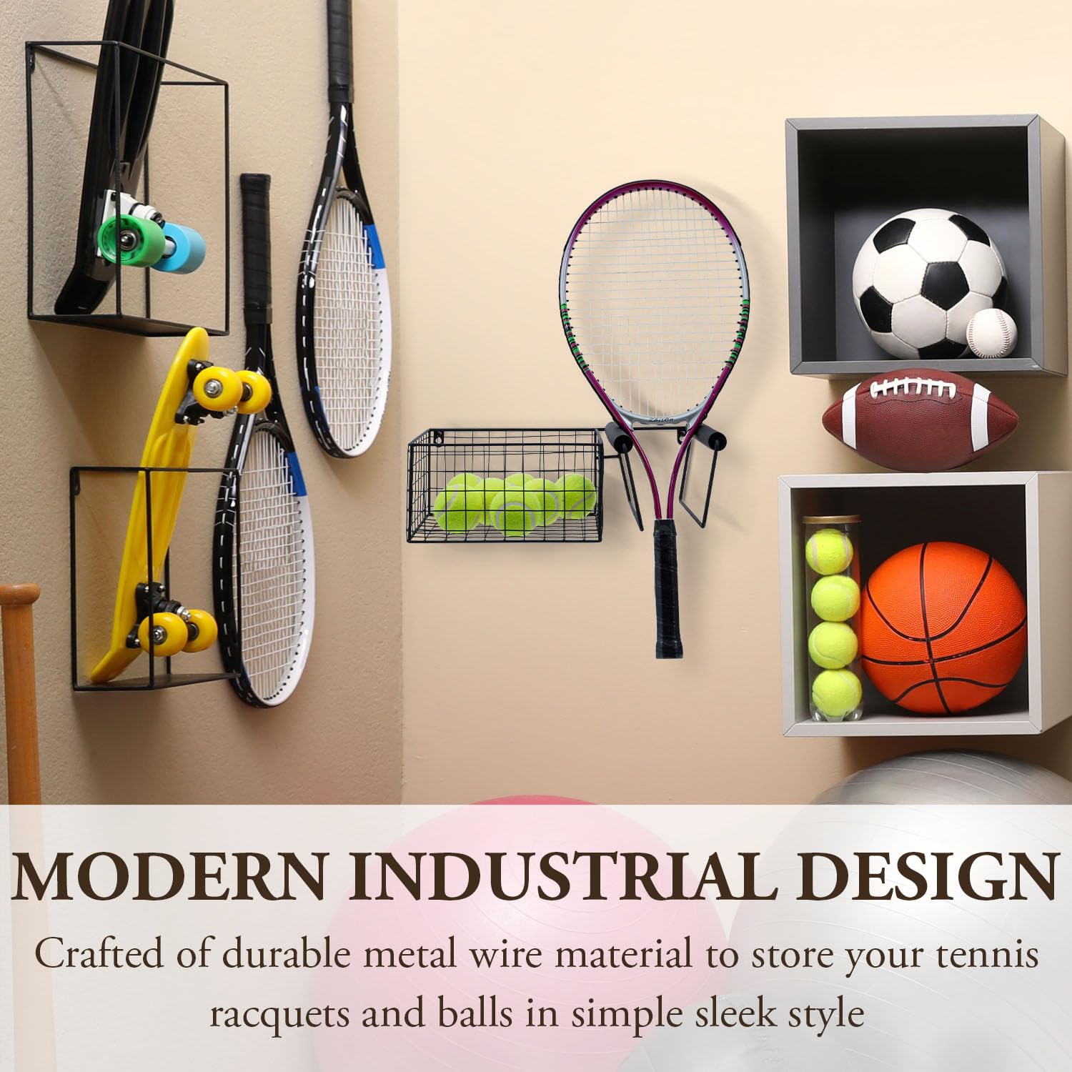 Mygift Hanging Metal Tennis Racquet And Tennis Ball Storage Basket Rack, Wall Mounted Racket Holder