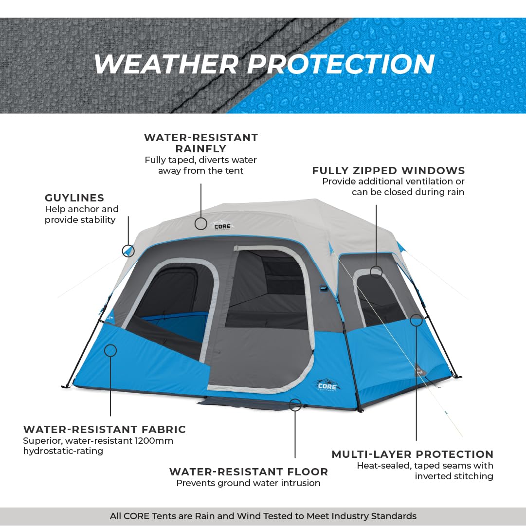 Core 6 Person Instant Cabin Tent With Led Lights  Lighted Pop Up Camping Tent With Easy 60 Second Camp Setup  Portable Large Fam