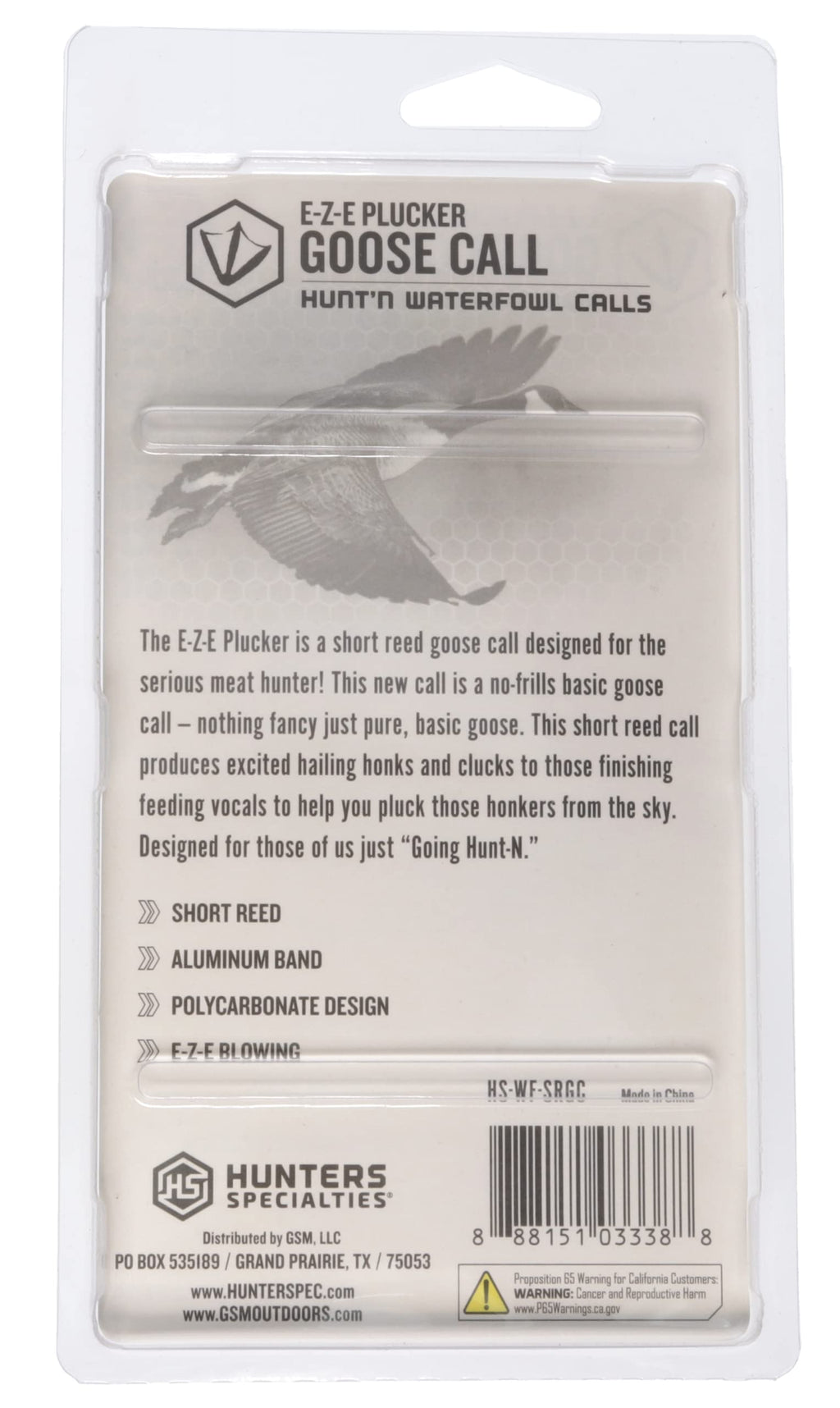 Hunters Specialties Hunting E-Z-E Plucker Short Reed Goose Call - Easy Blowing Polycarbonate Design Waterfowl Game Call