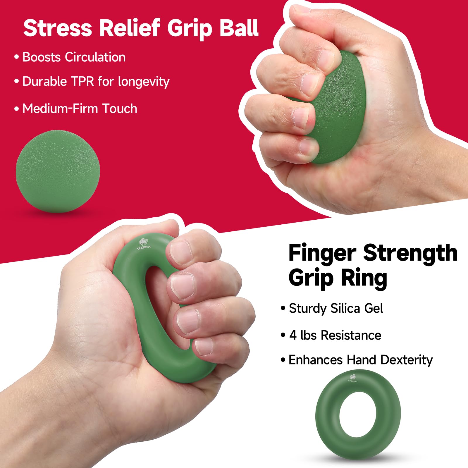 Fitbeast Dual Count Grip Strength Trainer Set, Optimizer Forearm, Wrist, And Hand Power - 5 Pack Adjustable Resistance, Dark Gre