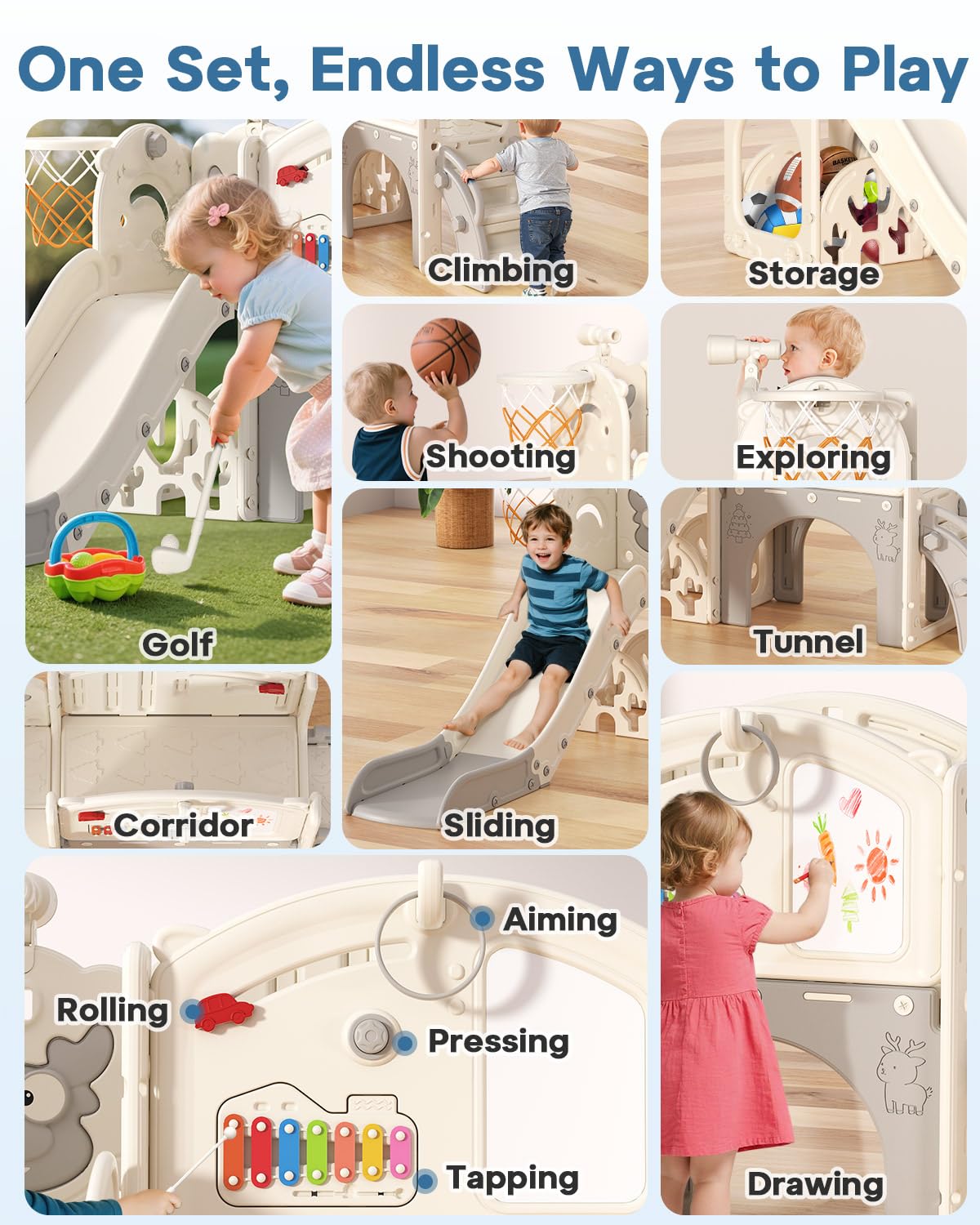 BIERUM Toddler Slide Set, 13 in 1 Kids Indoor Slide for Toddler 1-3, Indoor Outdoor Toddler Slide Playset with Basketball Hoop,
