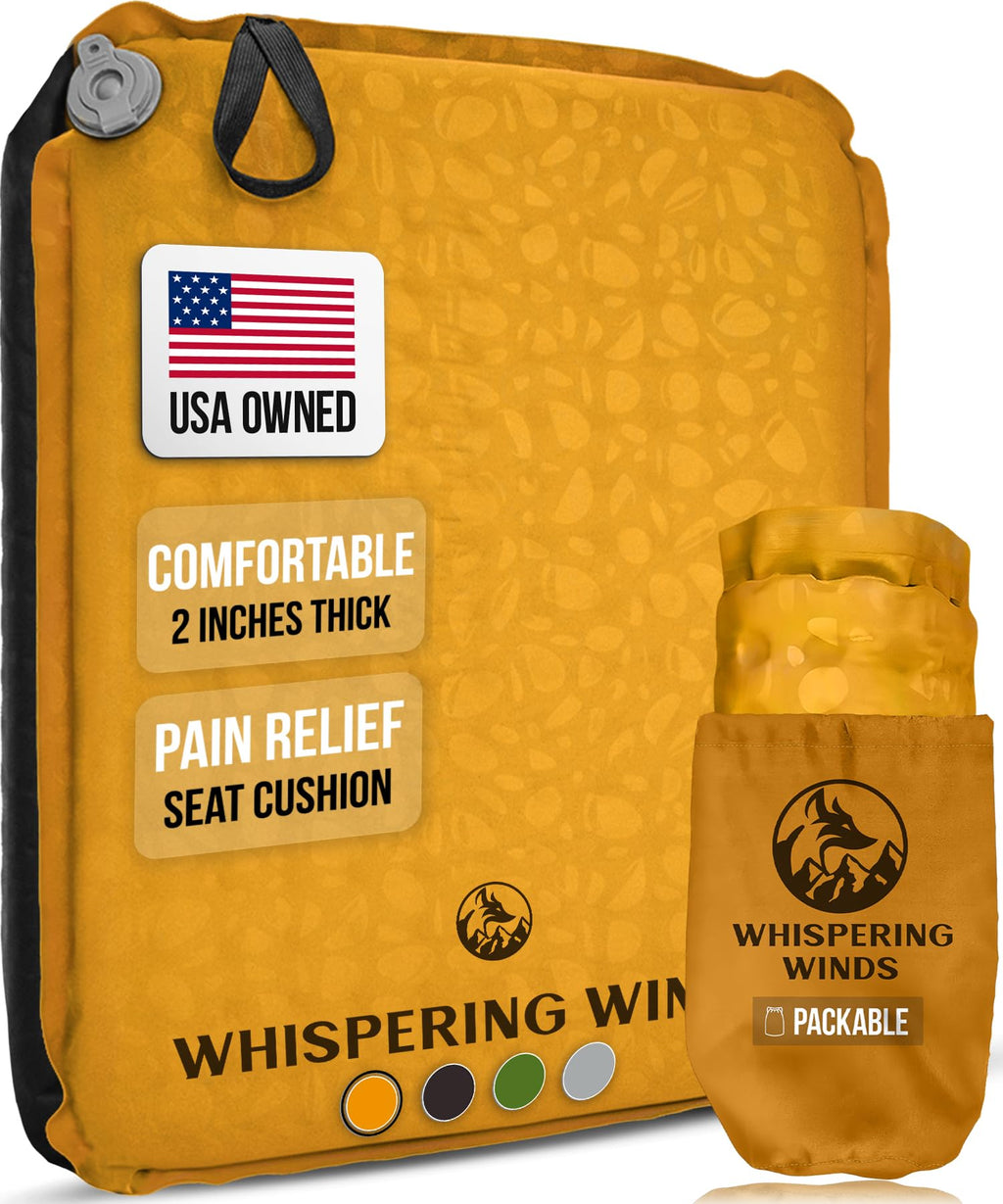 Whispering Winds Inflatable Seat Cushion For Air Travel, Stadium, Hiking, Airplane - Lightweight, Leakproof Self-Inflating Seat