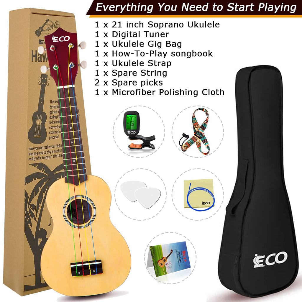Ieco Soprano Ukulele Beginner Kit For Kids Adults 21 Inch Ukelele Wcase Strap Tuner Strings Picks (Natural)