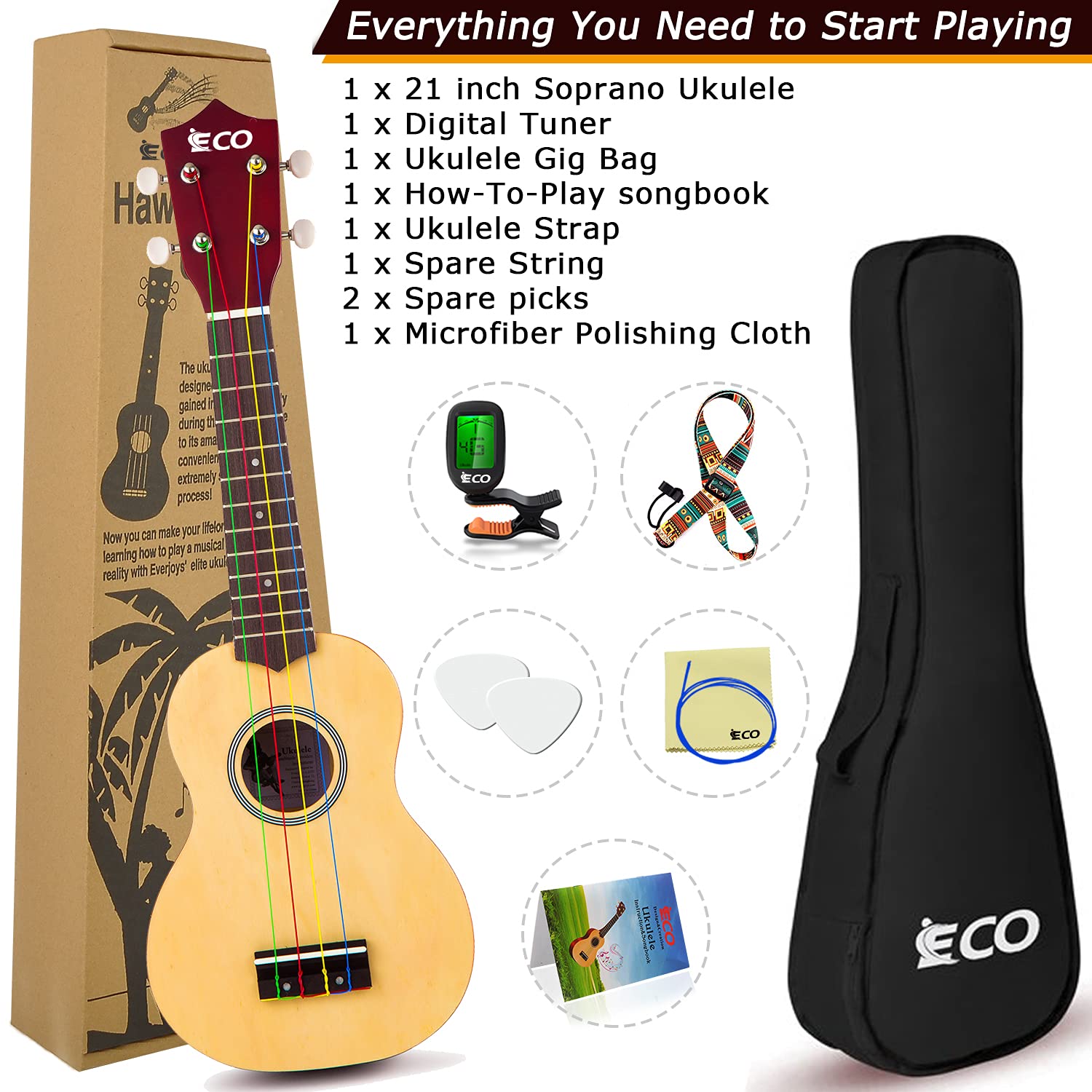 Ieco Soprano Ukulele Beginner Kit For Kids Adults 21 Inch Ukelele Wcase Strap Tuner Strings Picks (Natural)