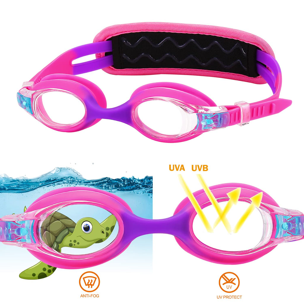 RUIGAO Kids Swim Goggles Age 2-6, Toddler Goggles No Hair Pull,UV Protection/Anti Fog/Padded HeadBand (1PK Kids -Pink Fish)