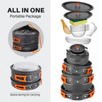 Odoland 15Pcs Camping Cookware Non-Stick Lightweight Camping Pots And Pans Set With Kettle Plastic Plates Bowls Soup Spoon For C