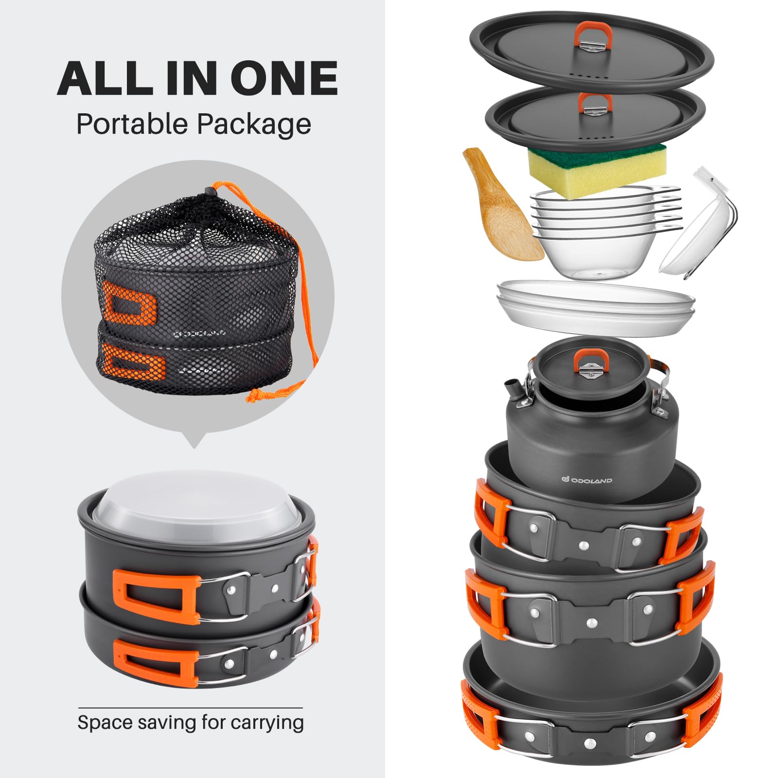 Odoland 15Pcs Camping Cookware Non-Stick Lightweight Camping Pots And Pans Set With Kettle Plastic Plates Bowls Soup Spoon For C