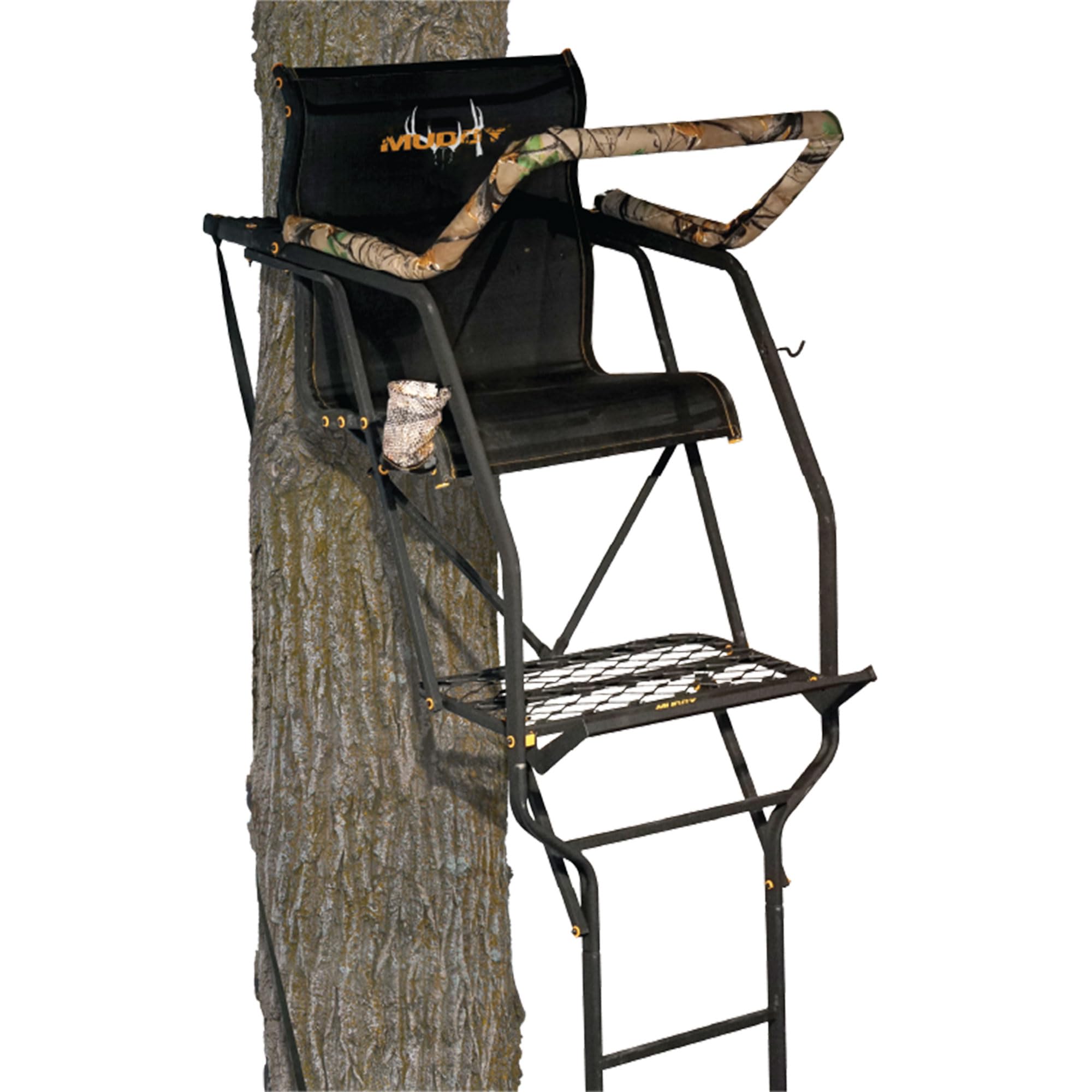 MUDDY The Stronghold 1.5 Deer Hunting Ladderstand, 21 Foot 1 Person Climbing Tree Stand with Lumbar Seat and Expanded D-Force Me