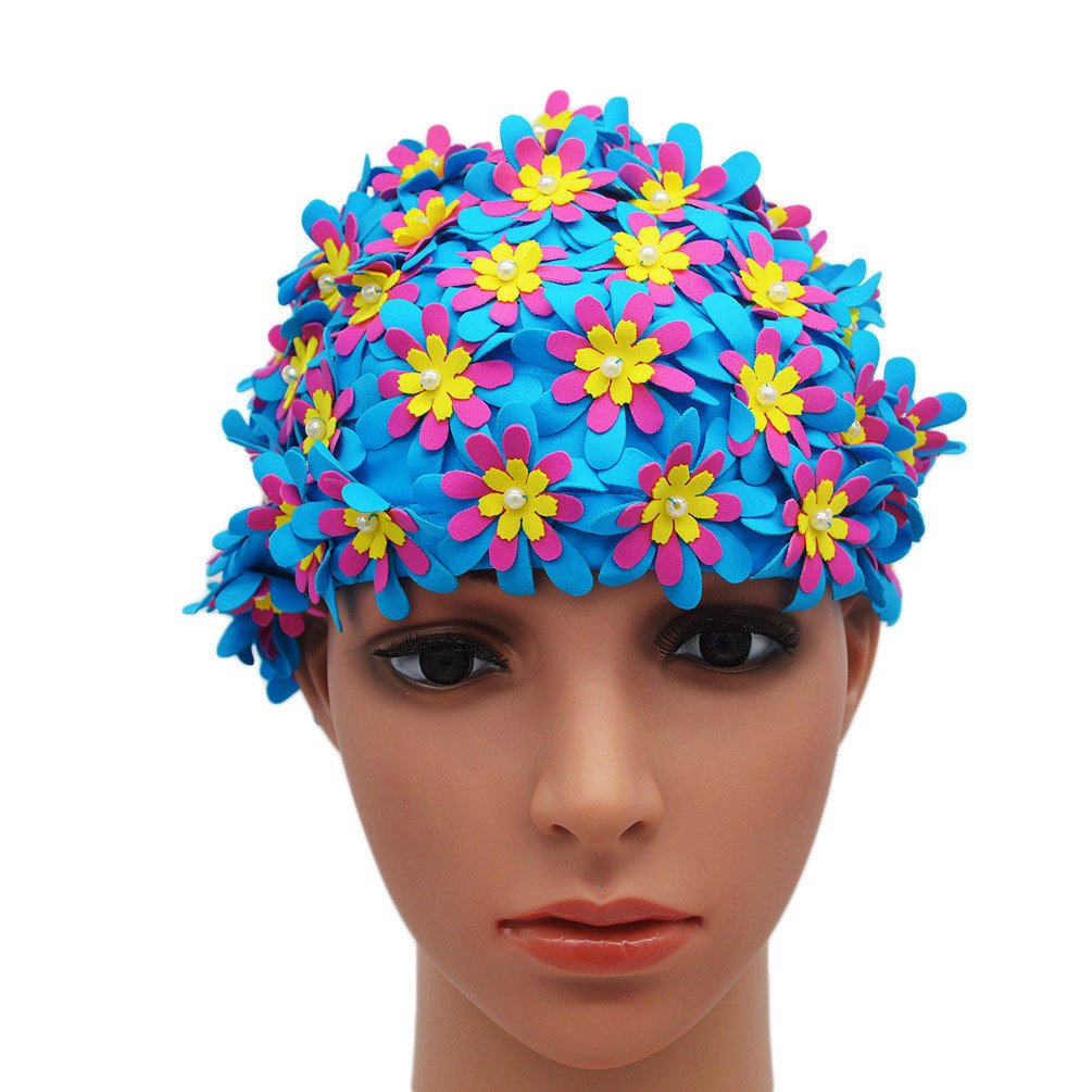 Medifier Swim Cap Floral Petal Retro Style Bathing Caps For Women Blue