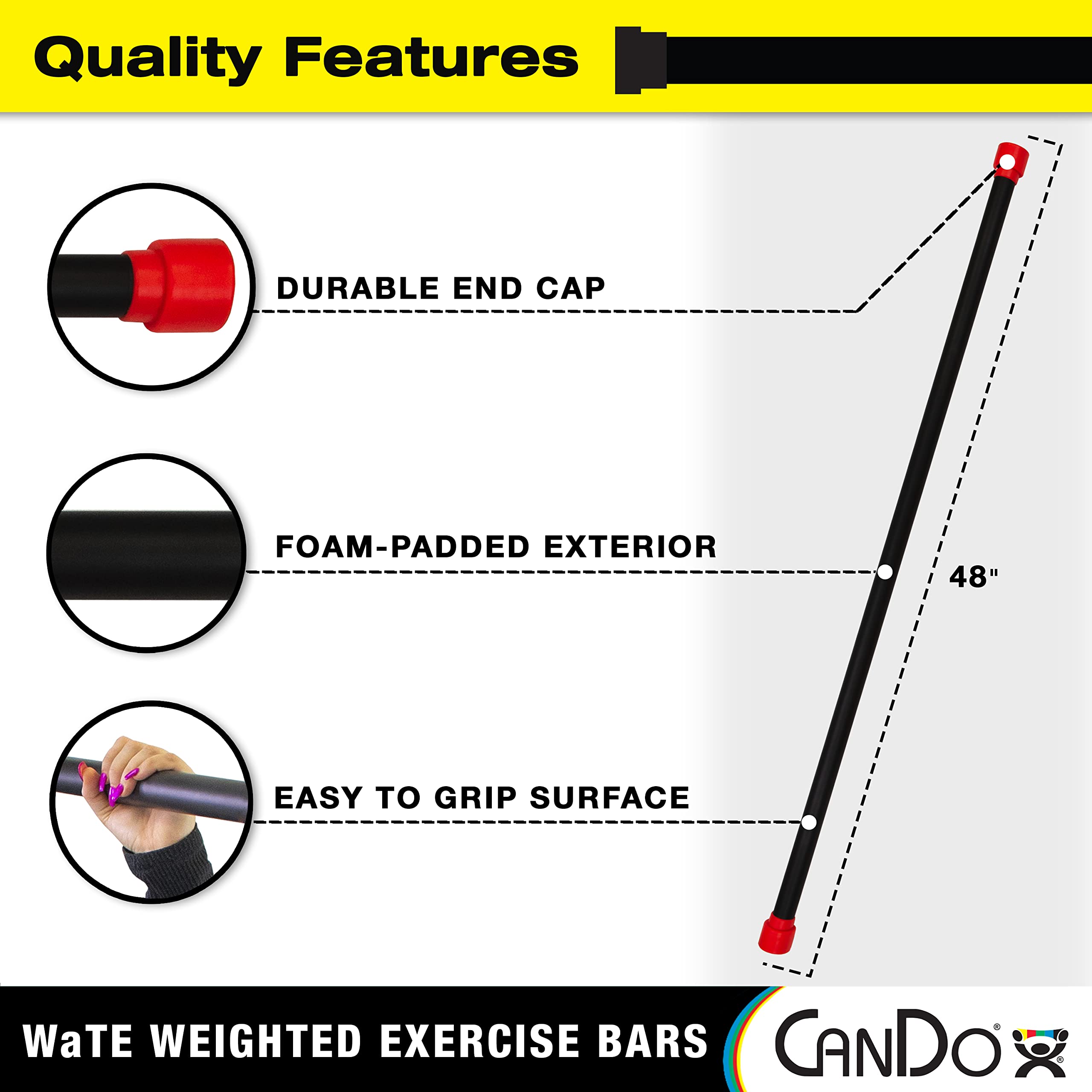 Cando Jumbo Wate Bar 5Lb Yellow, Total Body Workout Weighted Exercise Bar For Strength Training, Toning, And Physical Therapy