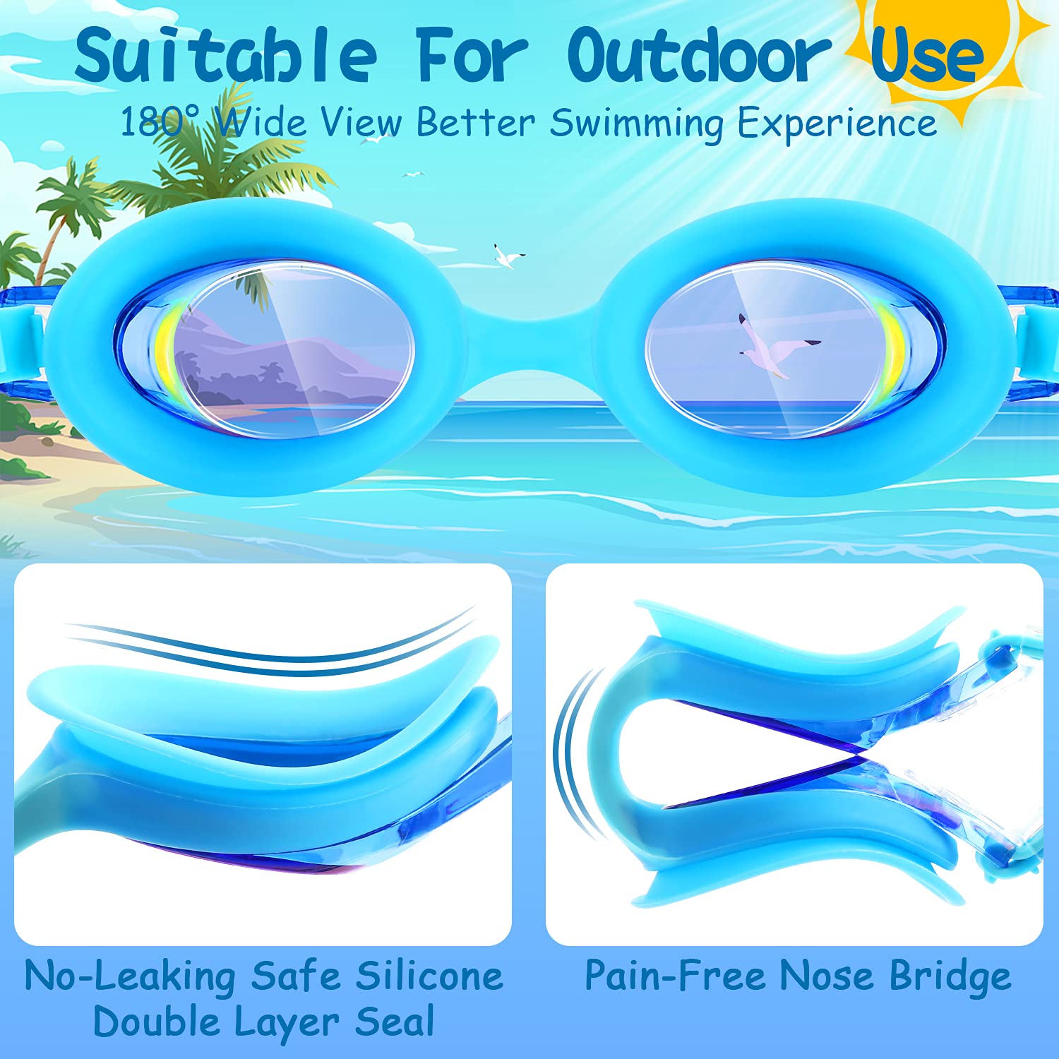 Cooloo Kids Goggles For Swimming For Age 3-15, 2 Pack Kids Swim Goggles With Nose Cover, No Leaking, Anti-Fog, Waterproof, Blue
