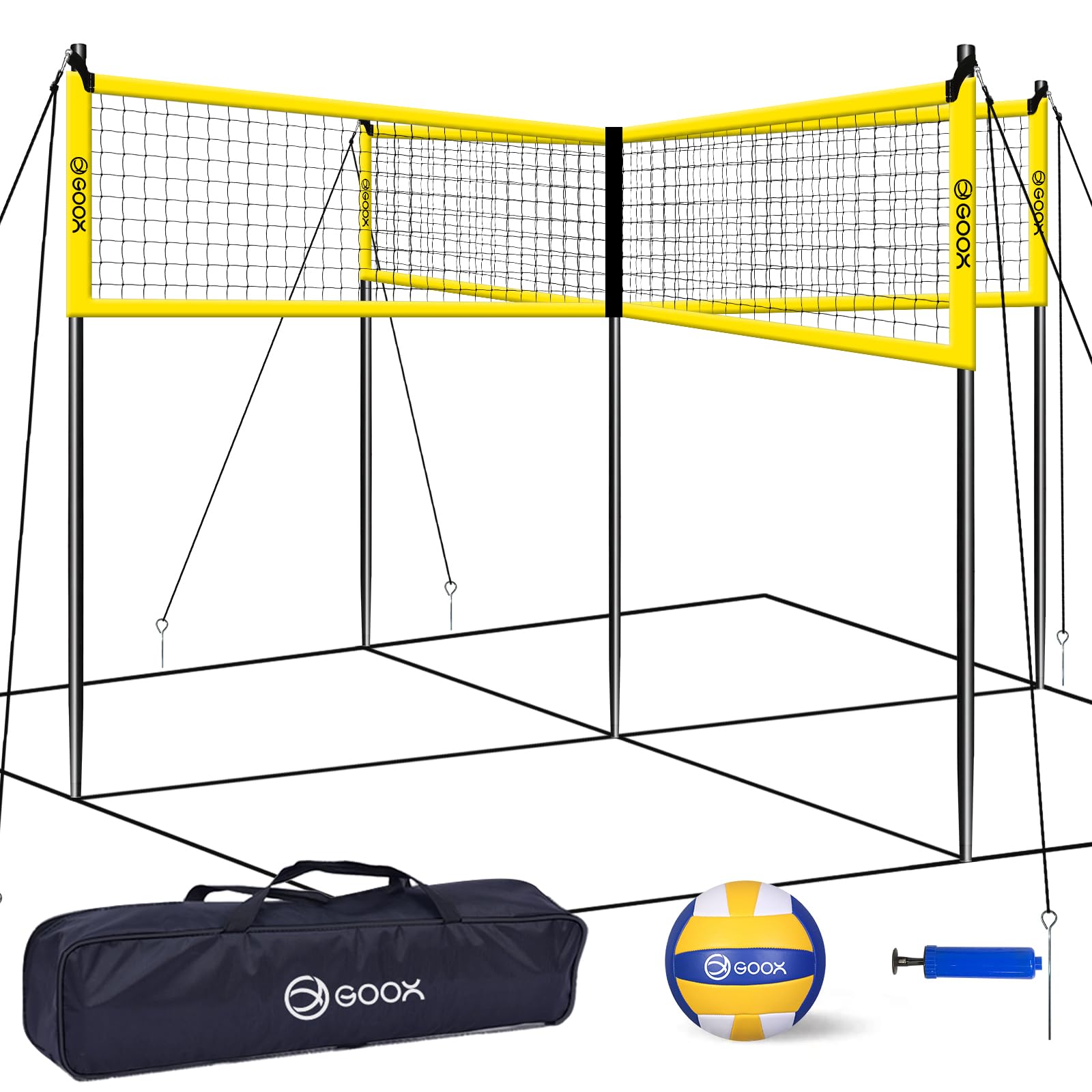 GOOX 4 Square Volleyball Net Game Set, 14 FT 4-Way Volleyball Net for Backyard Beach Lawn, Portable Four Square Volleyball Net f