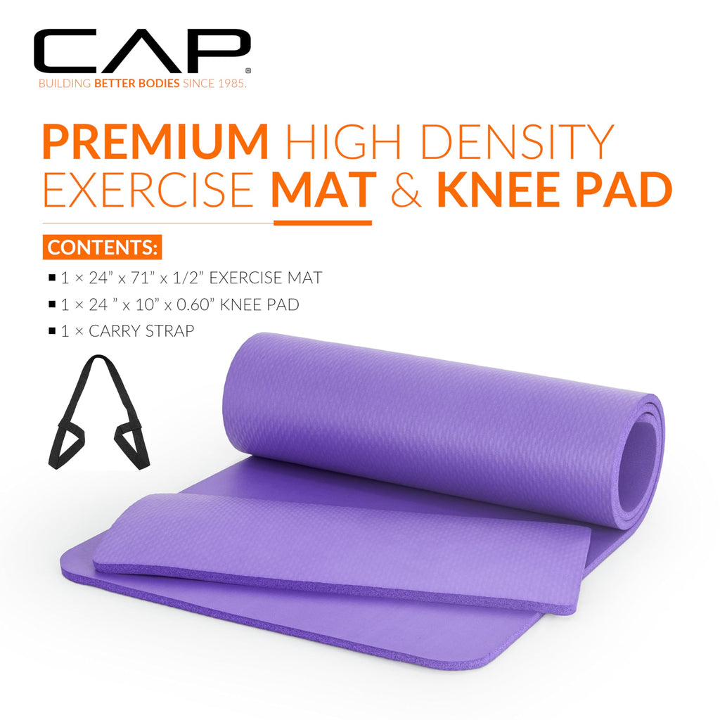 Cap High Density Exercise Yoga Mat With Strap And Knee Pad 71''X24''X1/2'' Purple